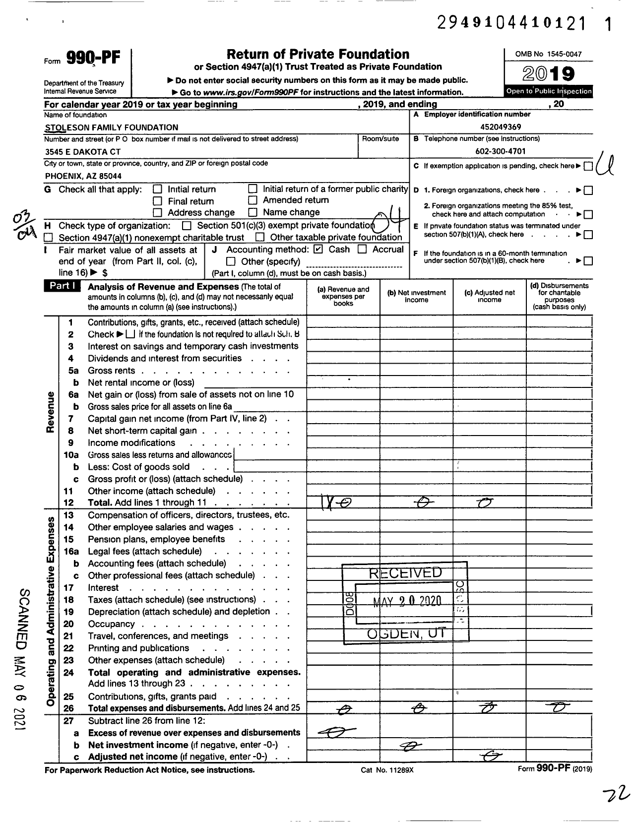Image of first page of 2019 Form 990PF for Stoleson Family Foundation