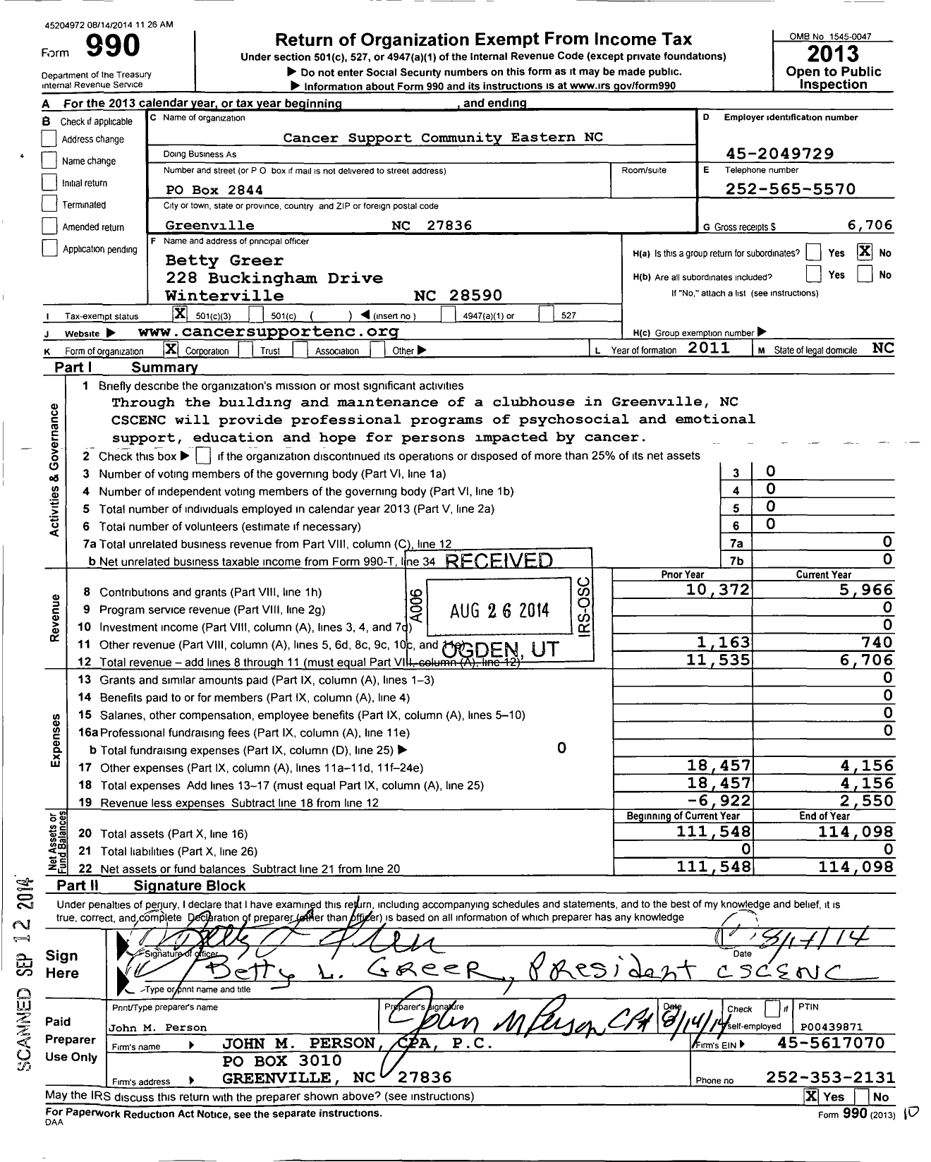 Image of first page of 2013 Form 990 for Cancer Support Community Eastern NC