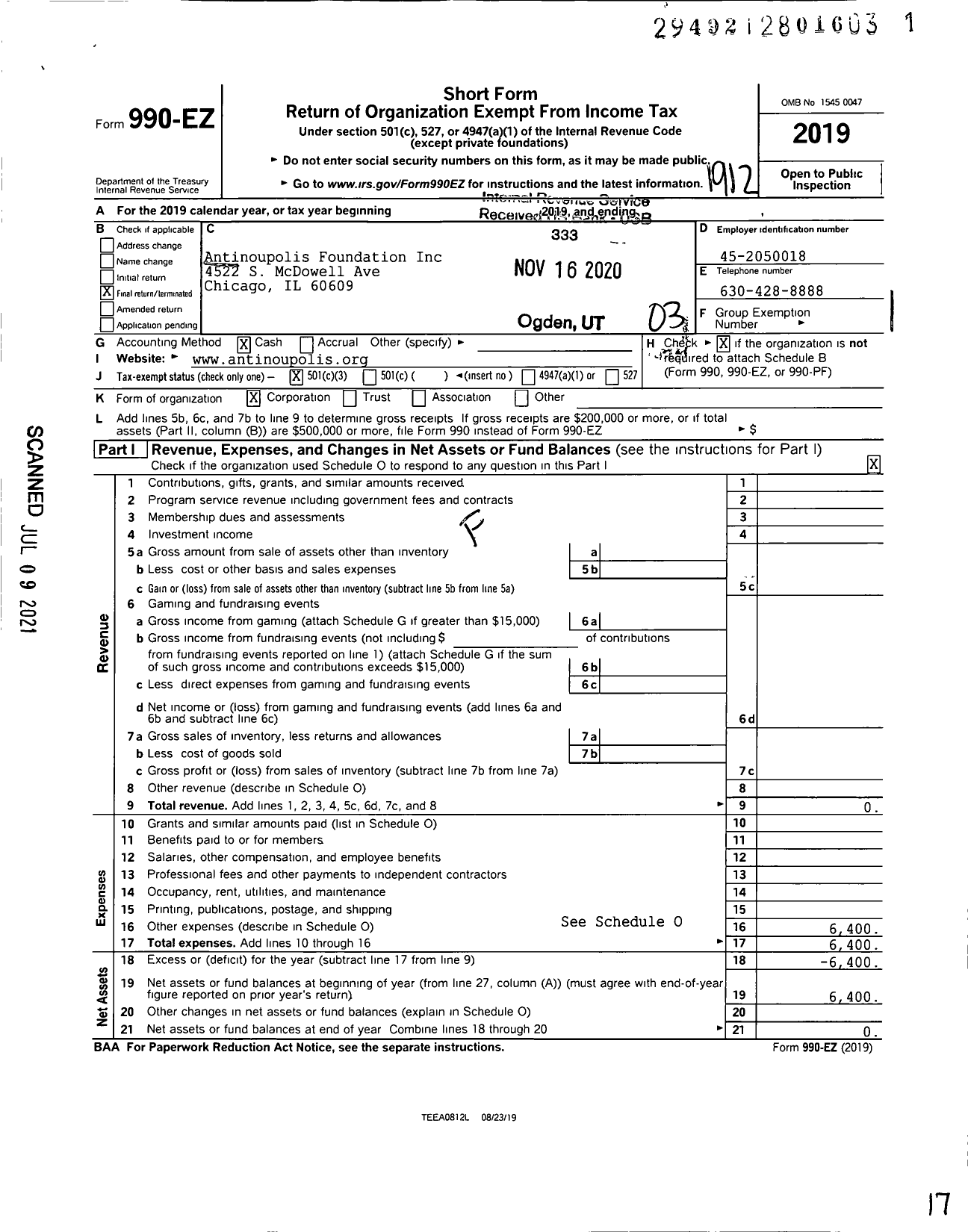 Image of first page of 2019 Form 990EZ for Antinoupolis Foundation