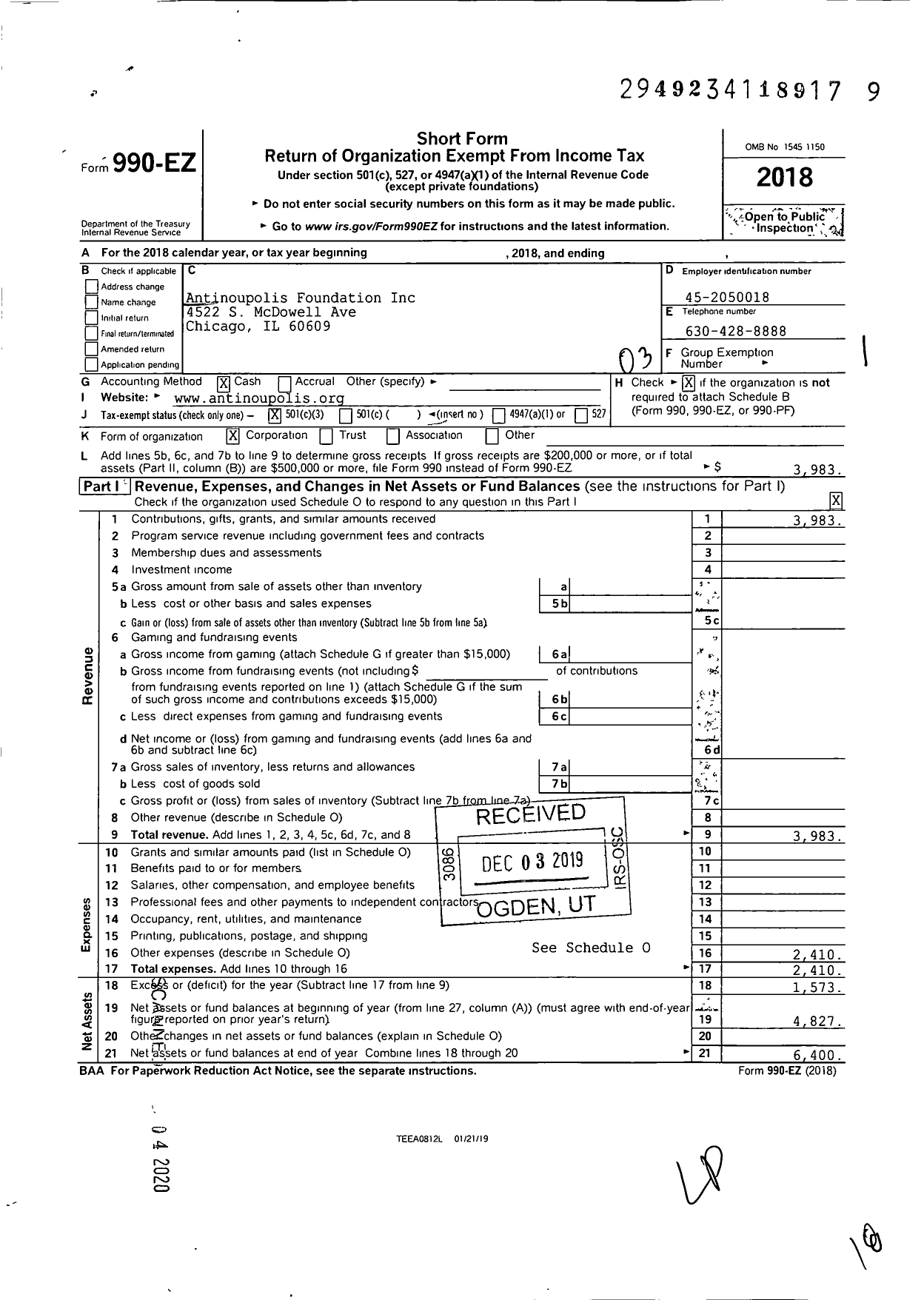 Image of first page of 2018 Form 990EZ for Antinoupolis Foundation