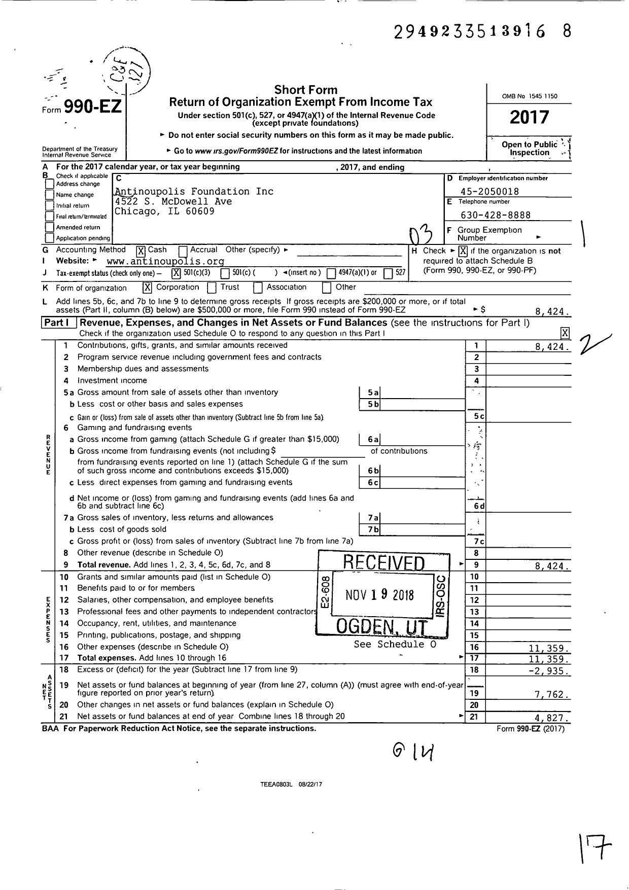 Image of first page of 2017 Form 990EZ for Antinoupolis Foundation