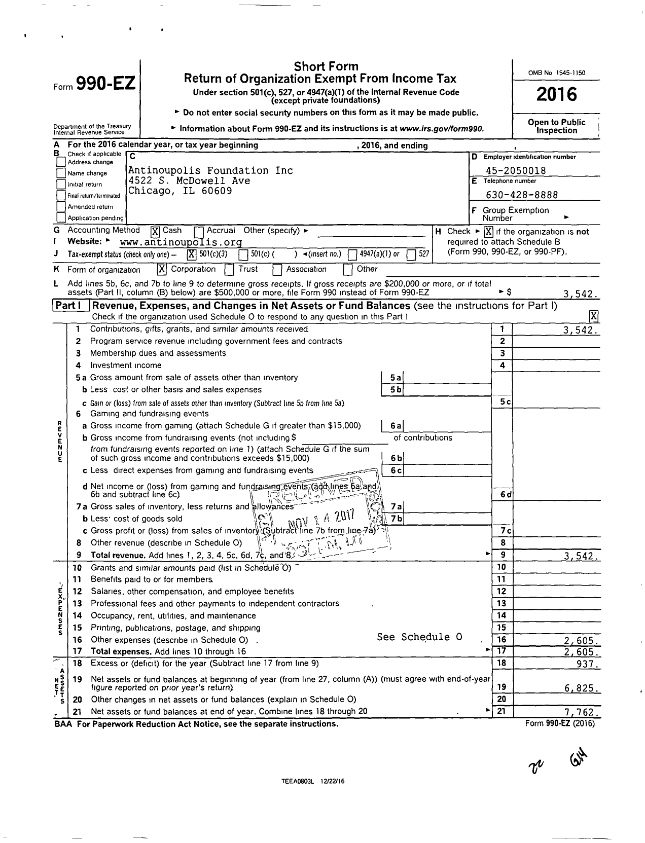 Image of first page of 2016 Form 990EZ for Antinoupolis Foundation