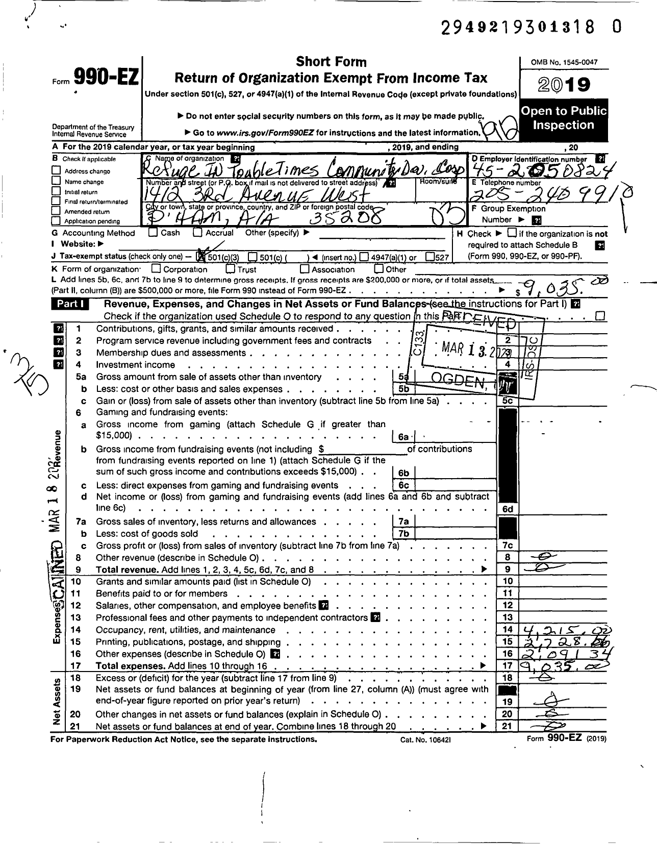 Image of first page of 2019 Form 990EZ for Ritt Community Development Corporation