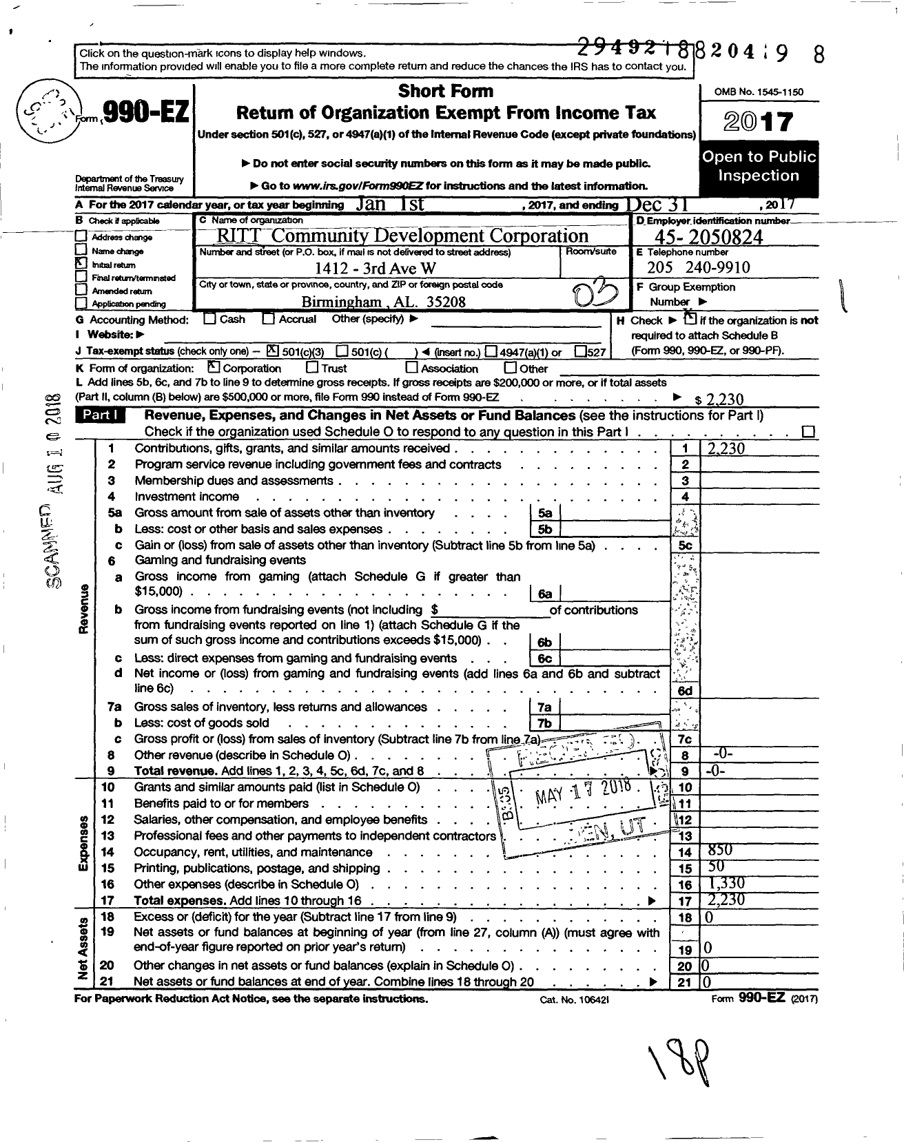 Image of first page of 2017 Form 990EZ for Ritt Community Development Corporation