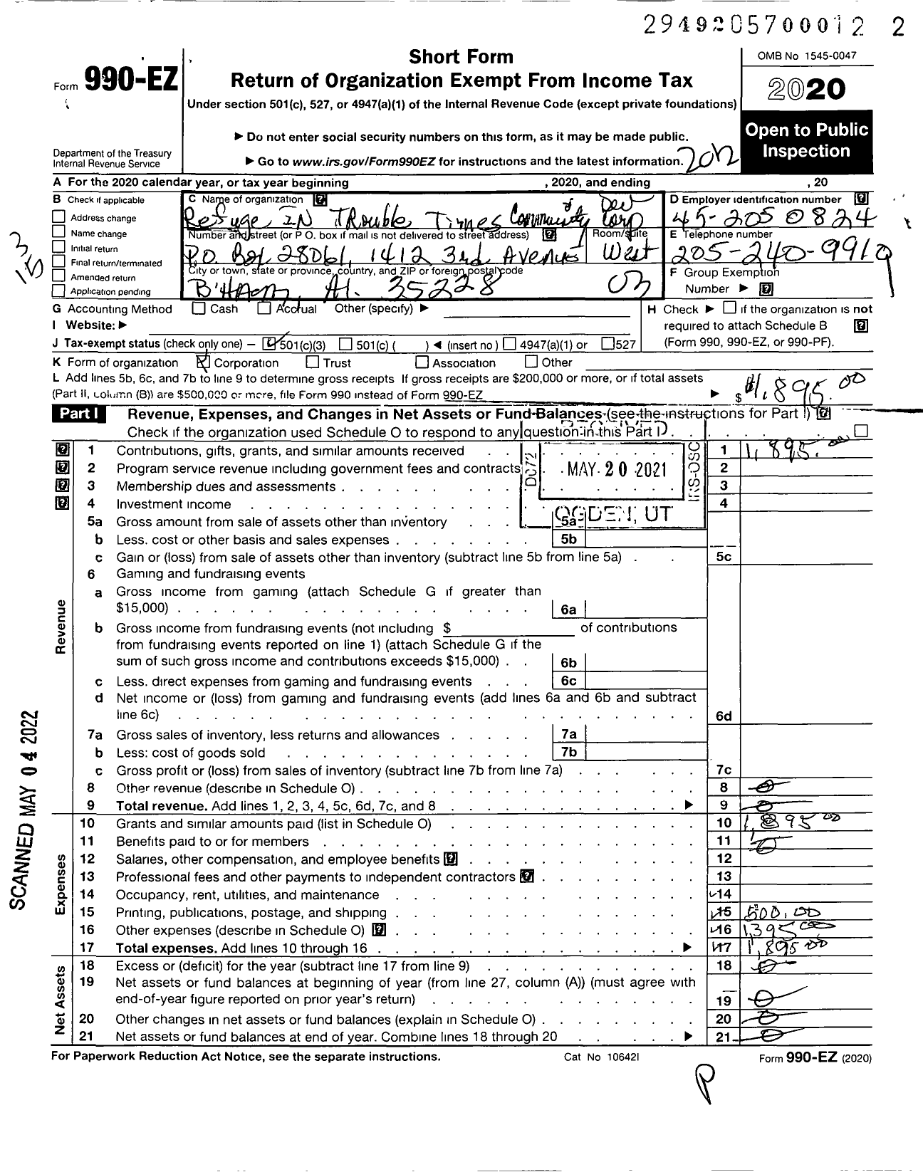 Image of first page of 2020 Form 990EZ for Ritt Community Development Corporation