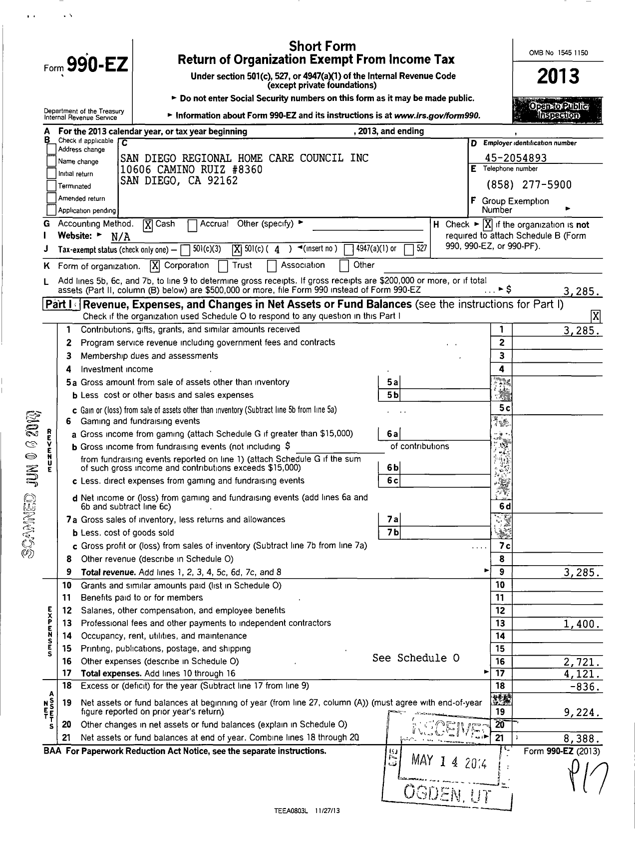 Image of first page of 2013 Form 990EO for San Diego Regional Home Care Council