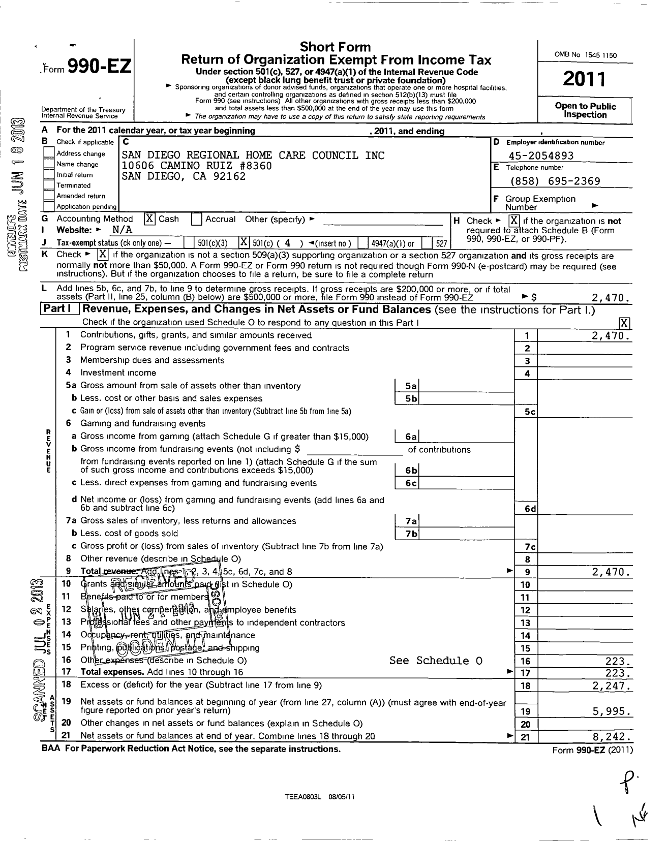 Image of first page of 2011 Form 990EO for San Diego Regional Home Care Council