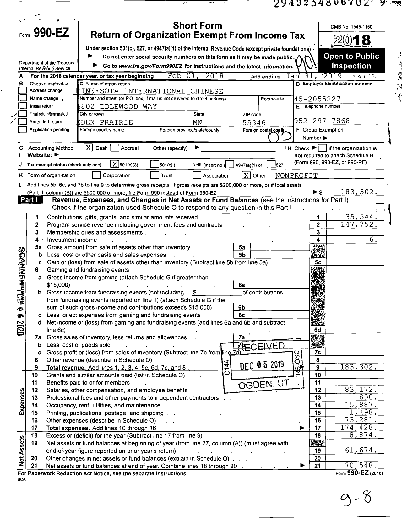 Image of first page of 2018 Form 990EZ for Minnesota International Chinese