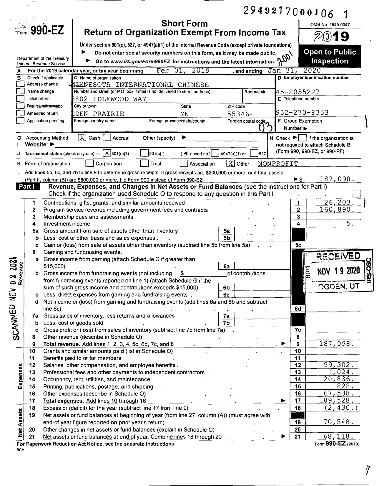 Image of first page of 2019 Form 990EZ for Minnesota International Chinese