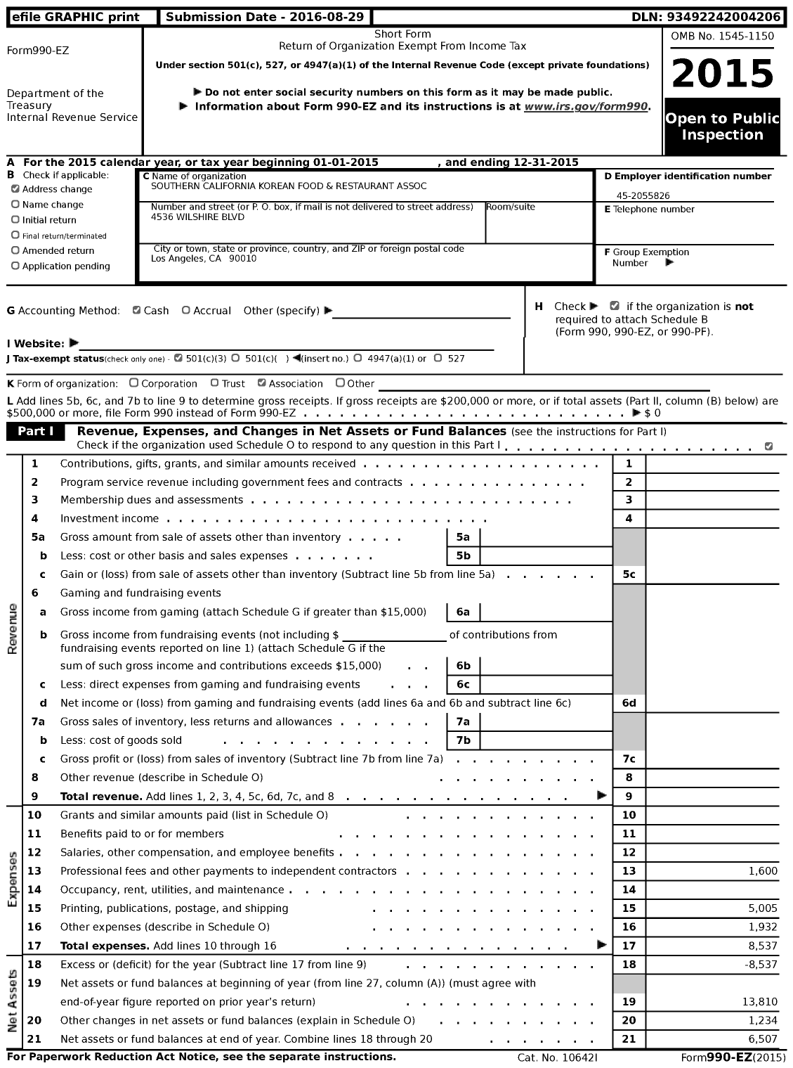 Image of first page of 2015 Form 990EZ for Southern California Korean Food and Restaurant Association