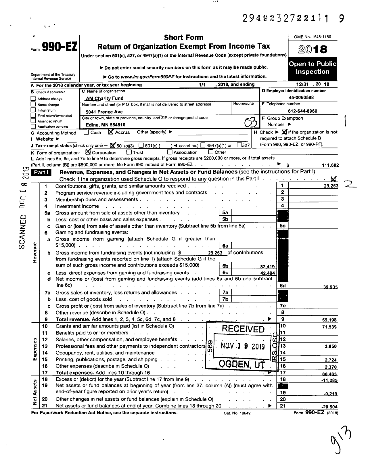 Image of first page of 2018 Form 990EZ for Am Charity Fund