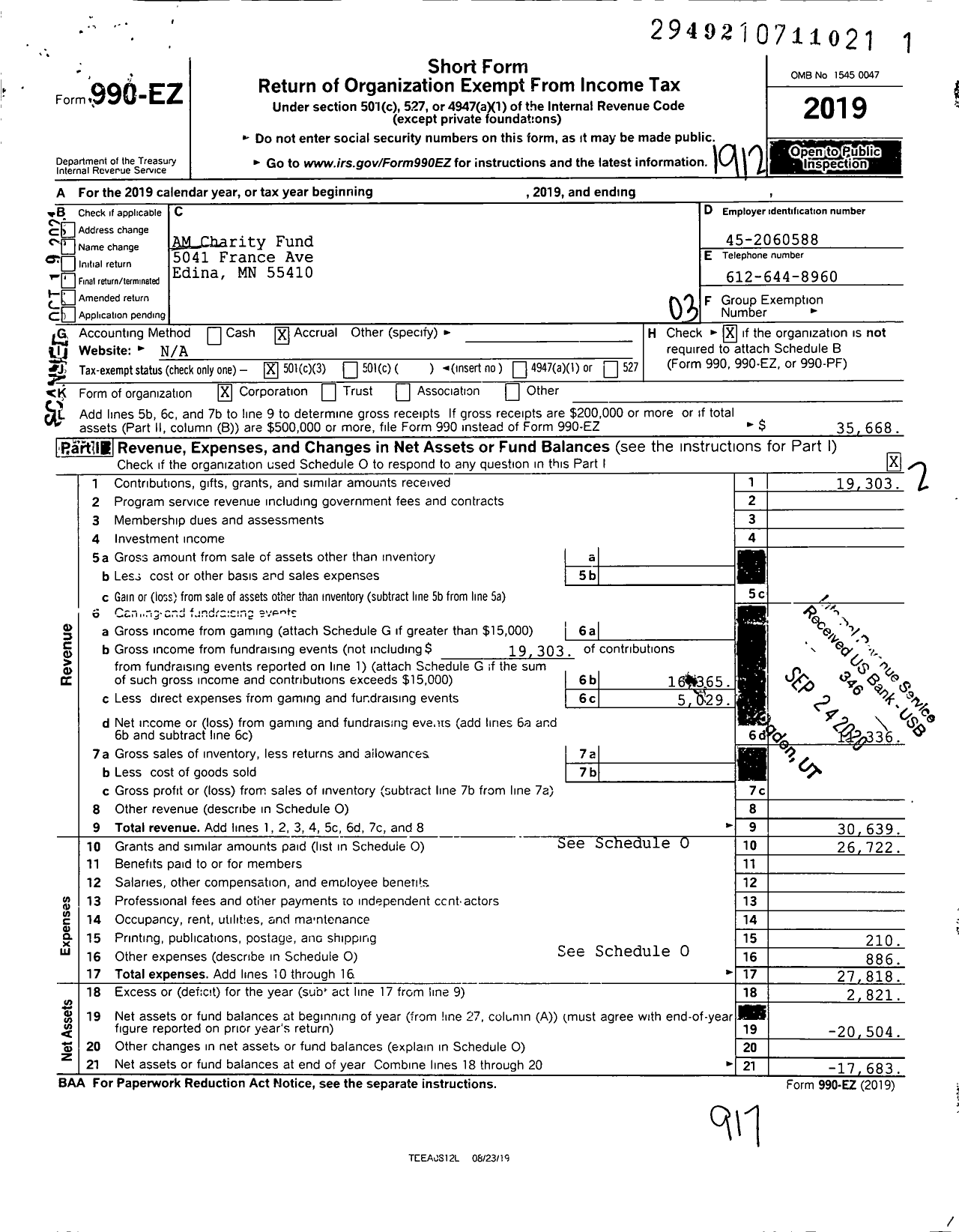 Image of first page of 2019 Form 990EZ for Am Charity Fund