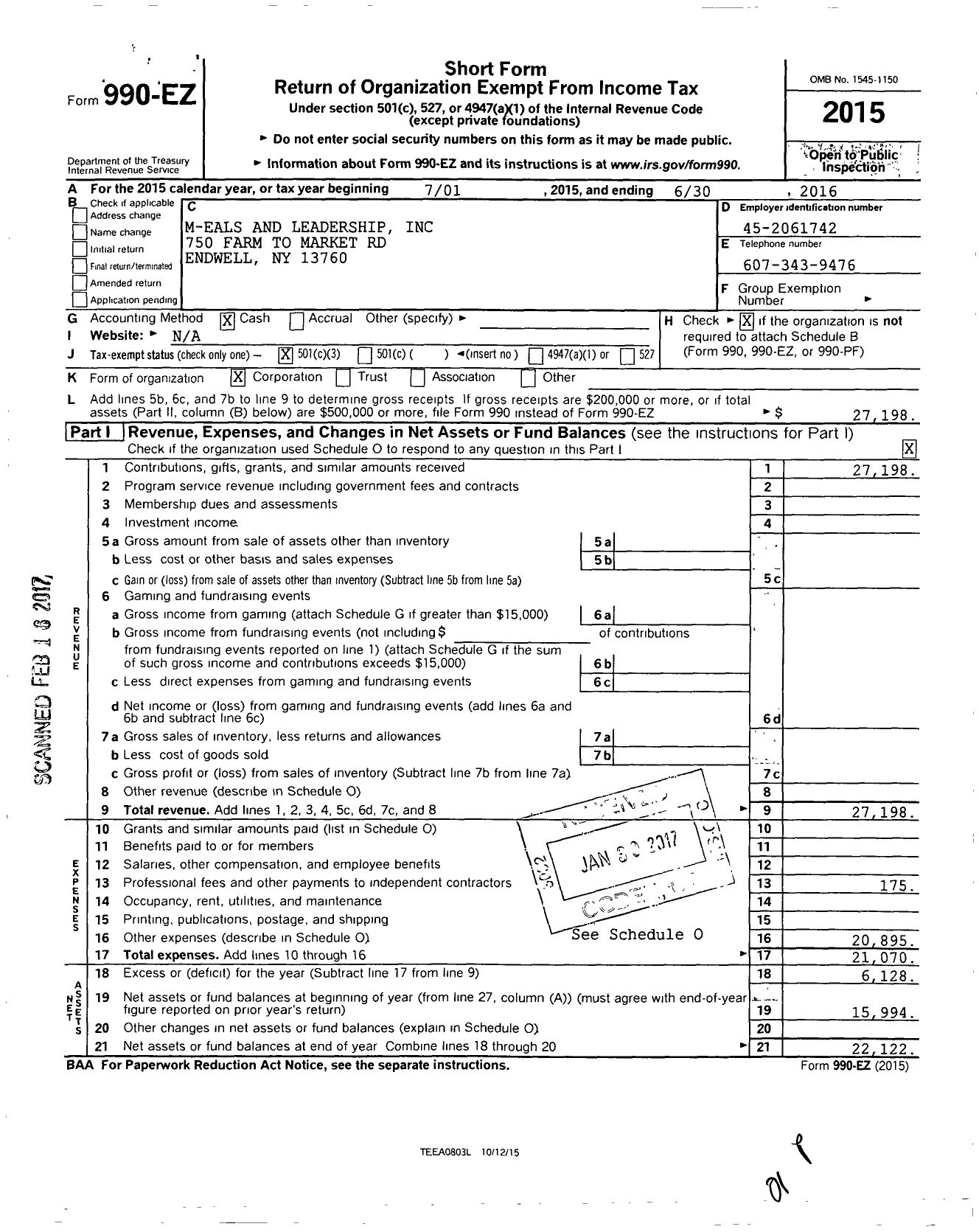 Image of first page of 2015 Form 990EZ for M-Eals and Leadership