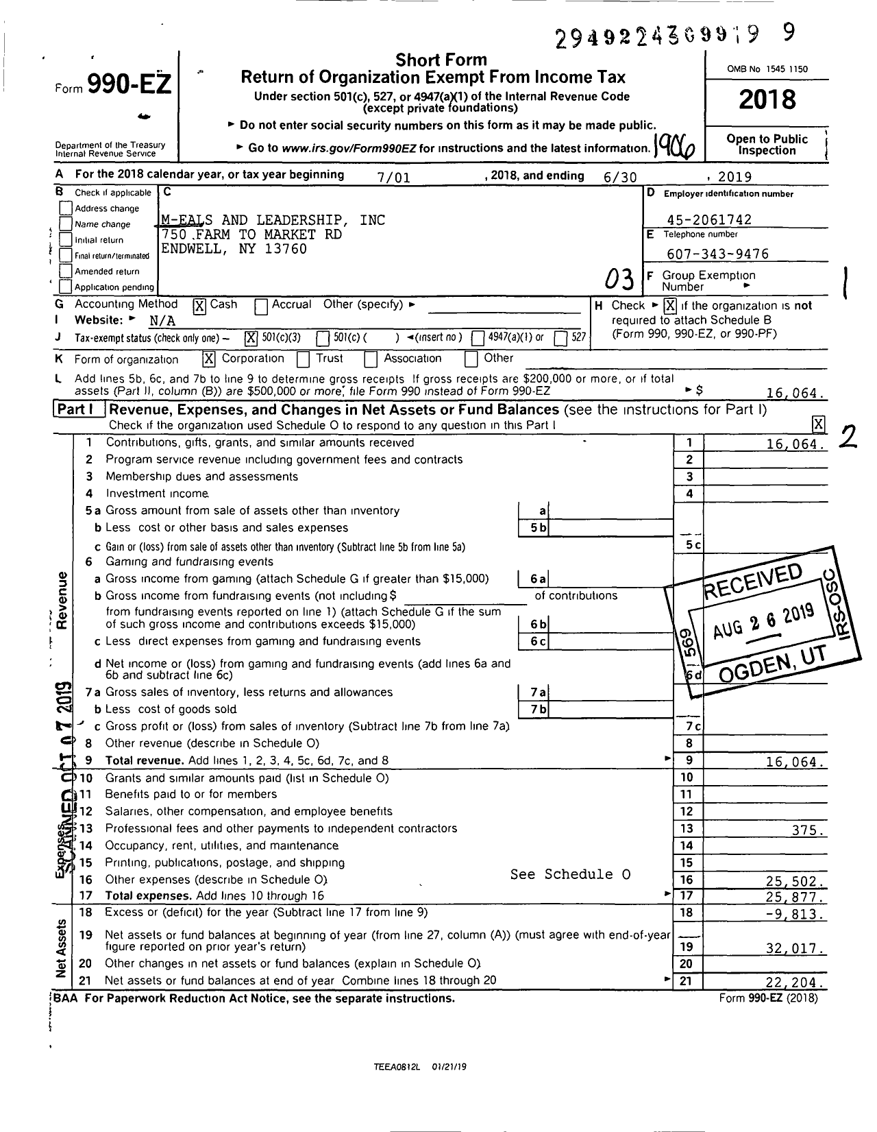 Image of first page of 2018 Form 990EZ for M-Eals and Leadership