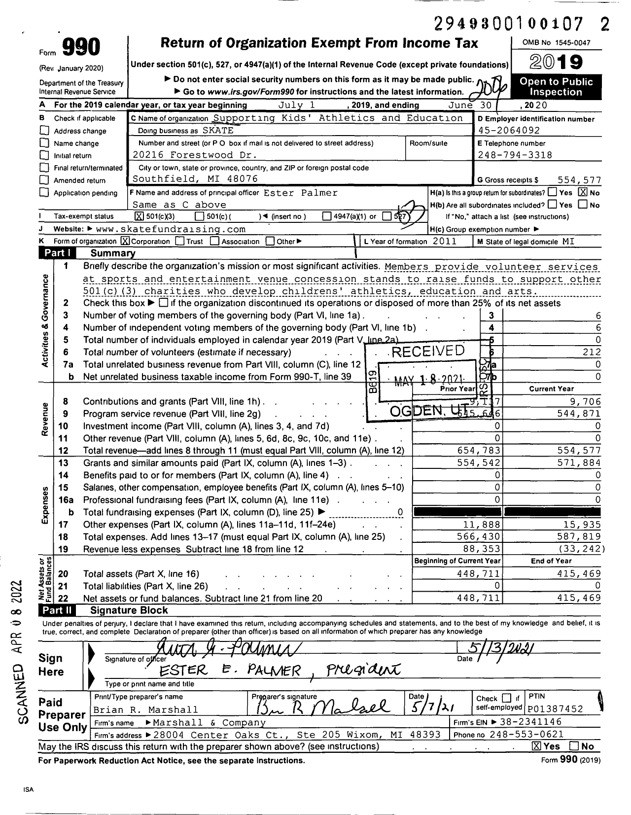 Image of first page of 2019 Form 990 for Supporting Kids Athletics and Education (SKATE)