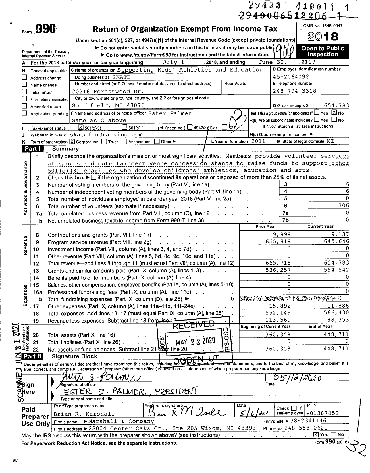 Image of first page of 2018 Form 990 for Supporting Kids Athletics and Education (SKATE)