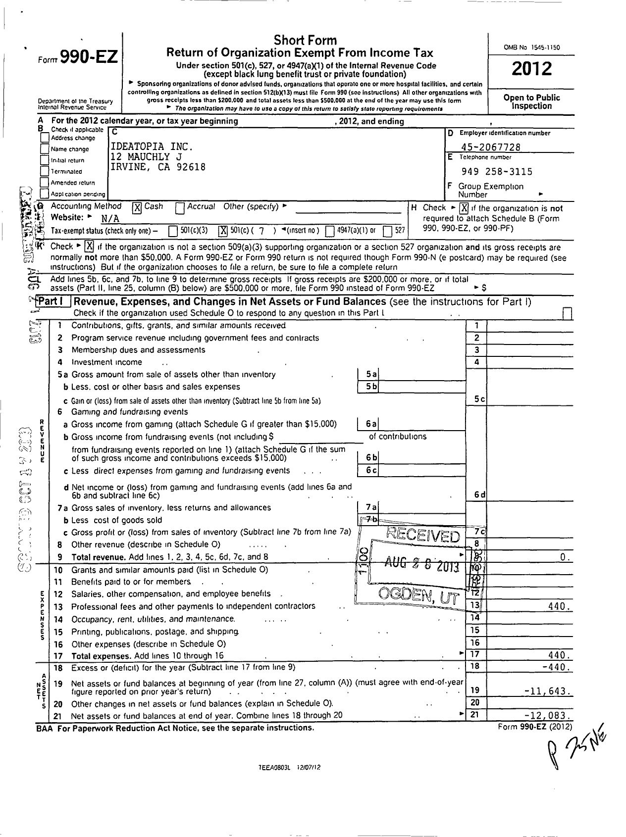 Image of first page of 2012 Form 990EO for Ideatopia