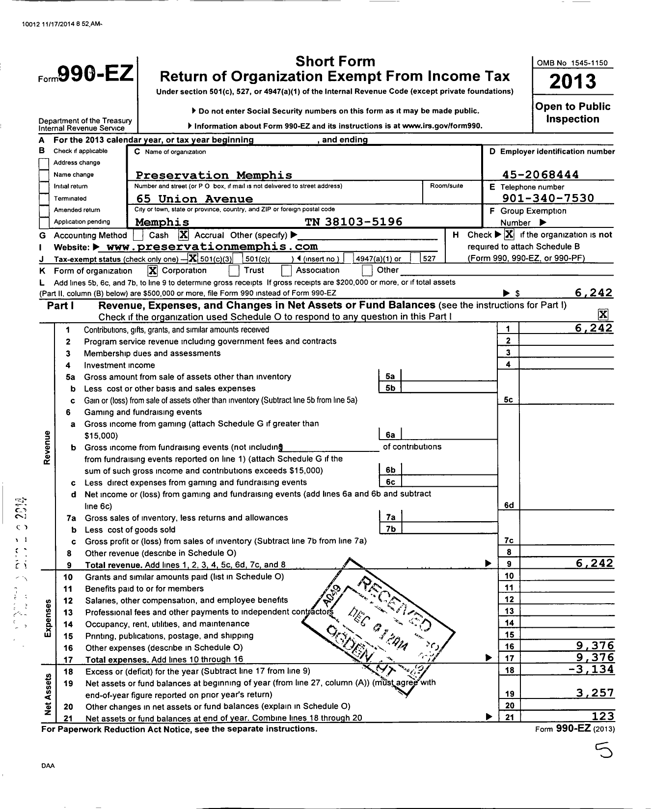 Image of first page of 2013 Form 990EZ for Preservation Memphis