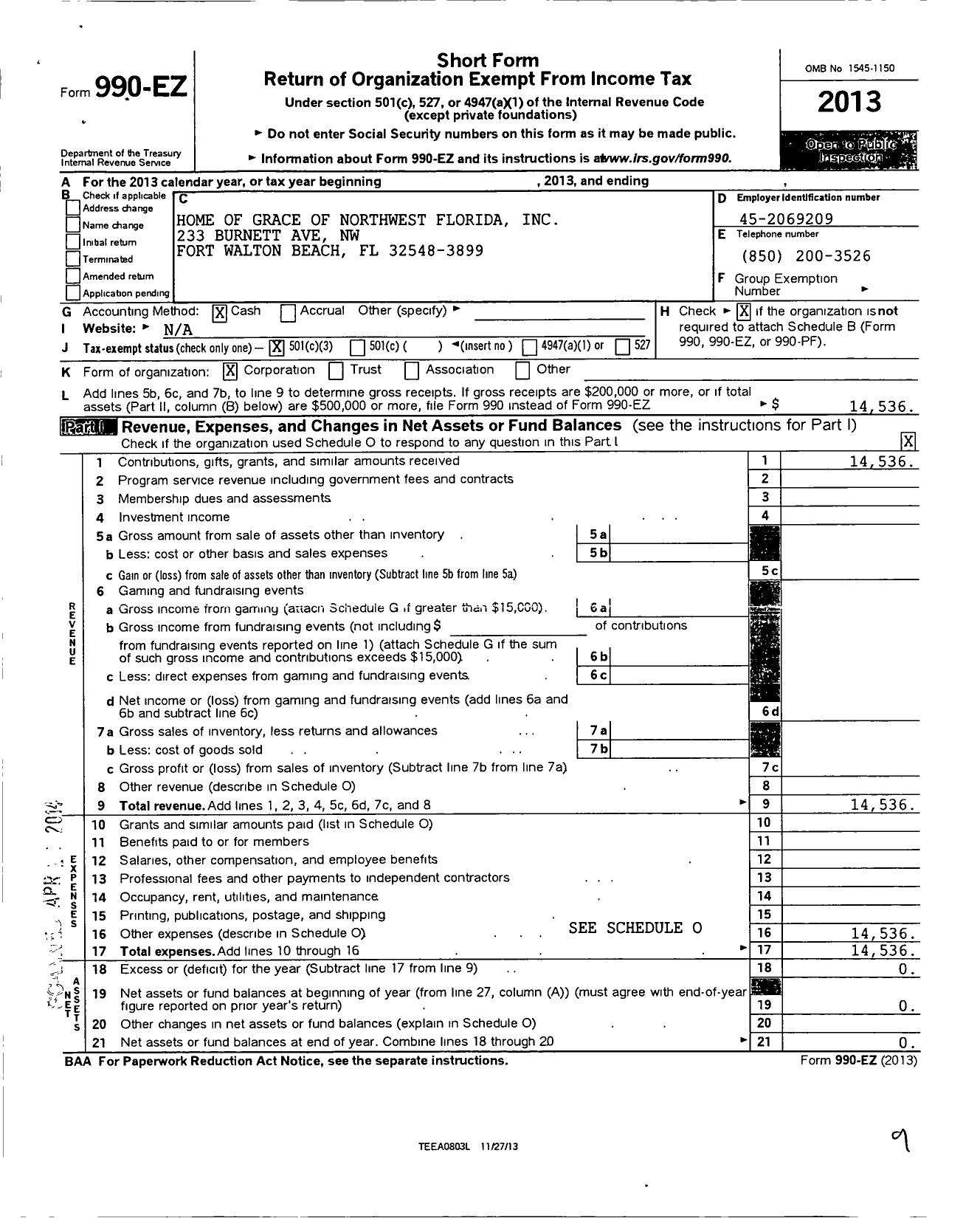 Image of first page of 2013 Form 990EZ for Home of Grace of Northwest Florida