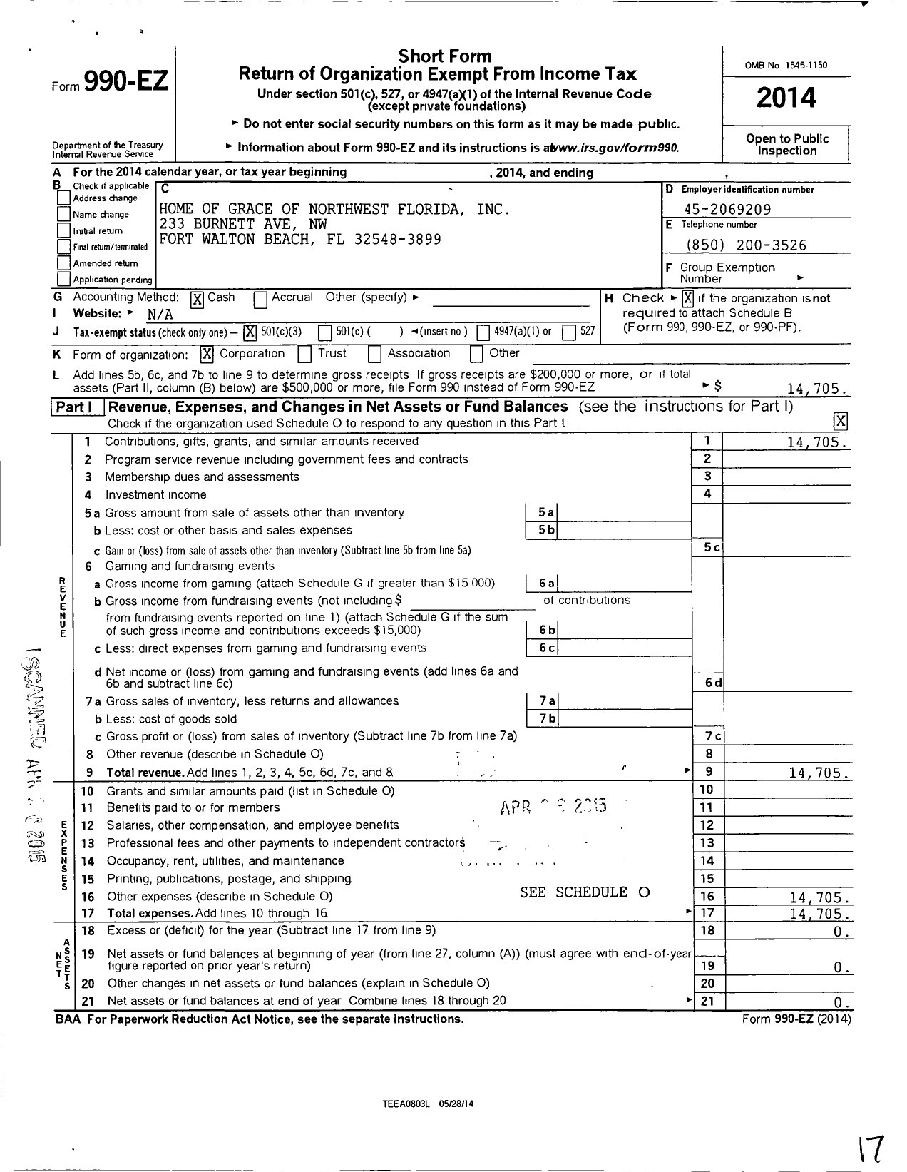 Image of first page of 2014 Form 990EZ for Home of Grace of Northwest Florida