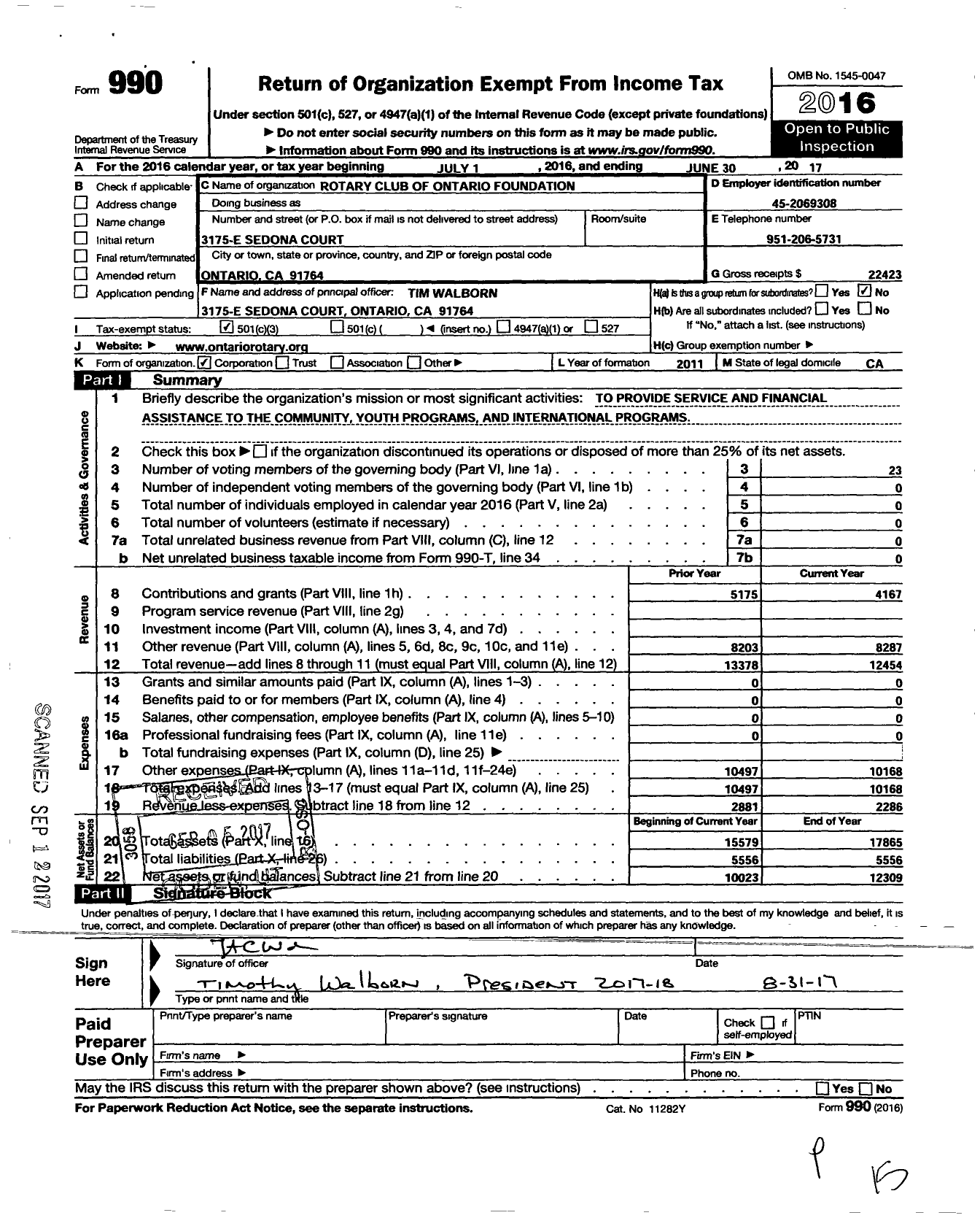 Image of first page of 2016 Form 990 for Rotary Club of Ontario Foundation