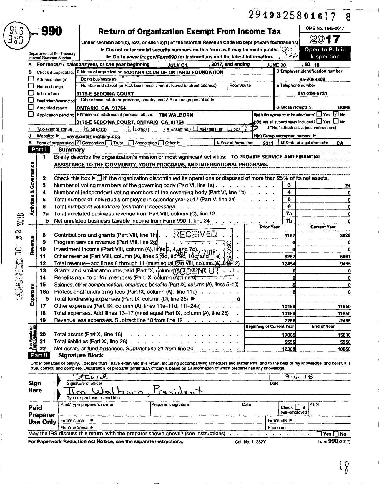 Image of first page of 2017 Form 990 for Rotary Club of Ontario Foundation