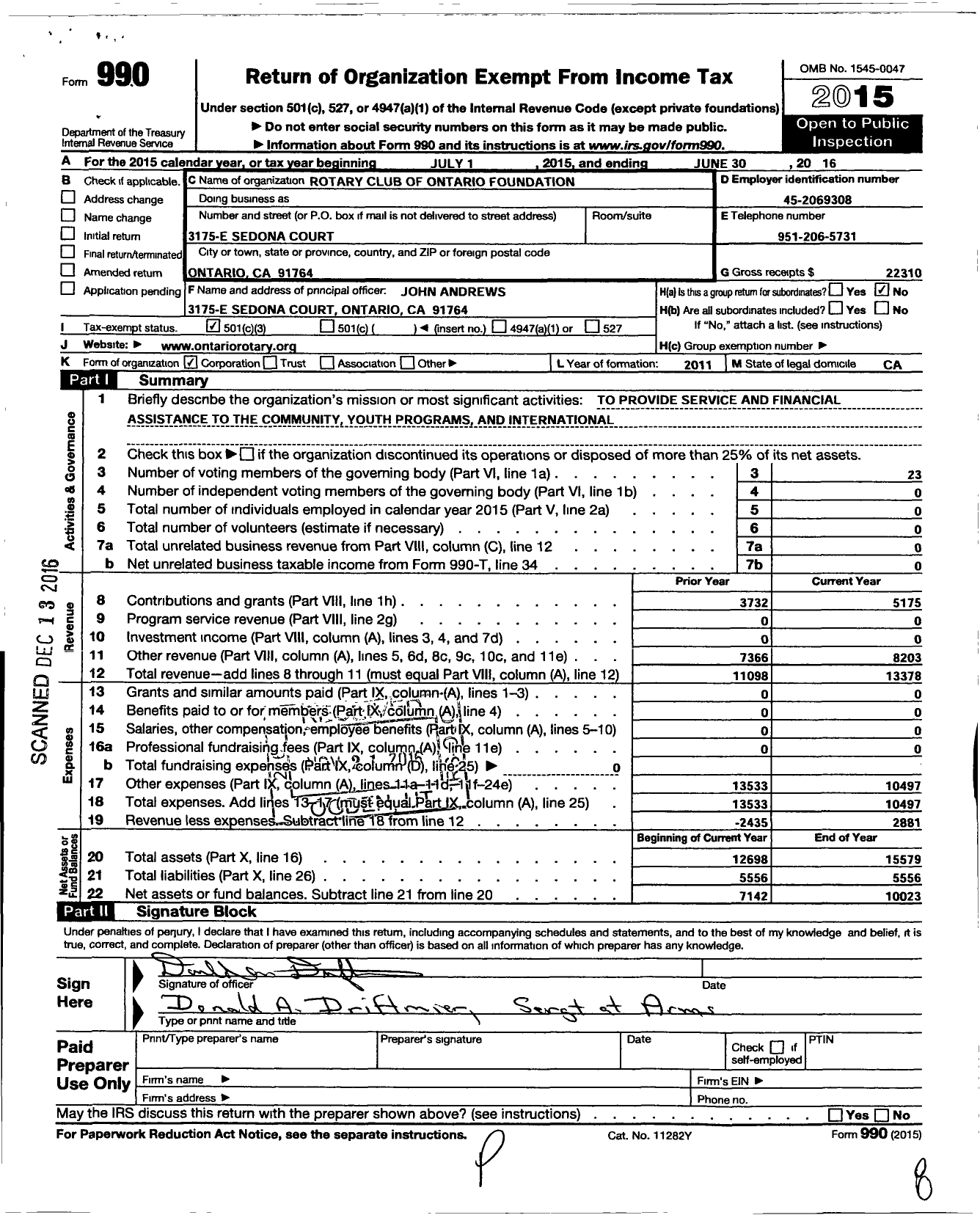 Image of first page of 2015 Form 990 for Rotary Club of Ontario Foundation