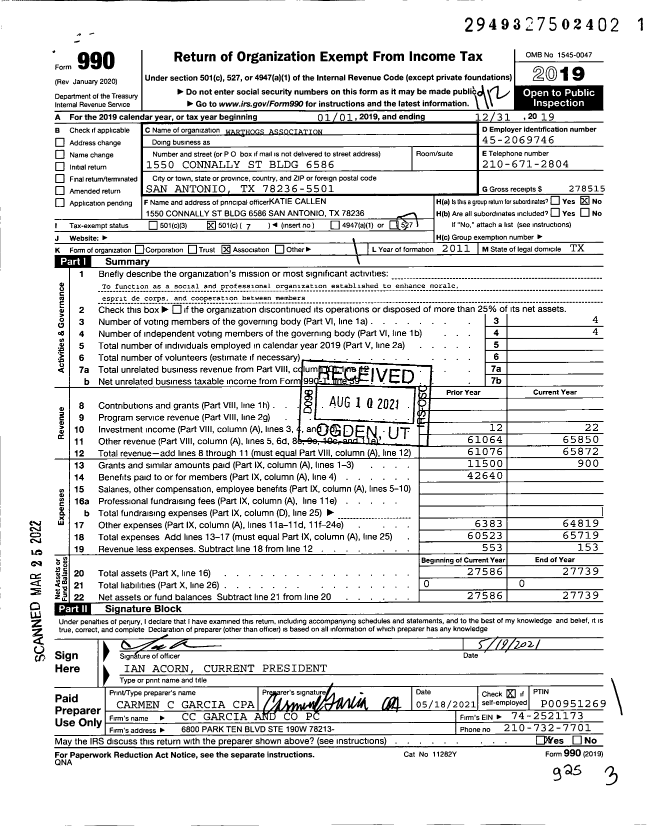 Image of first page of 2019 Form 990O for Warthogs Association