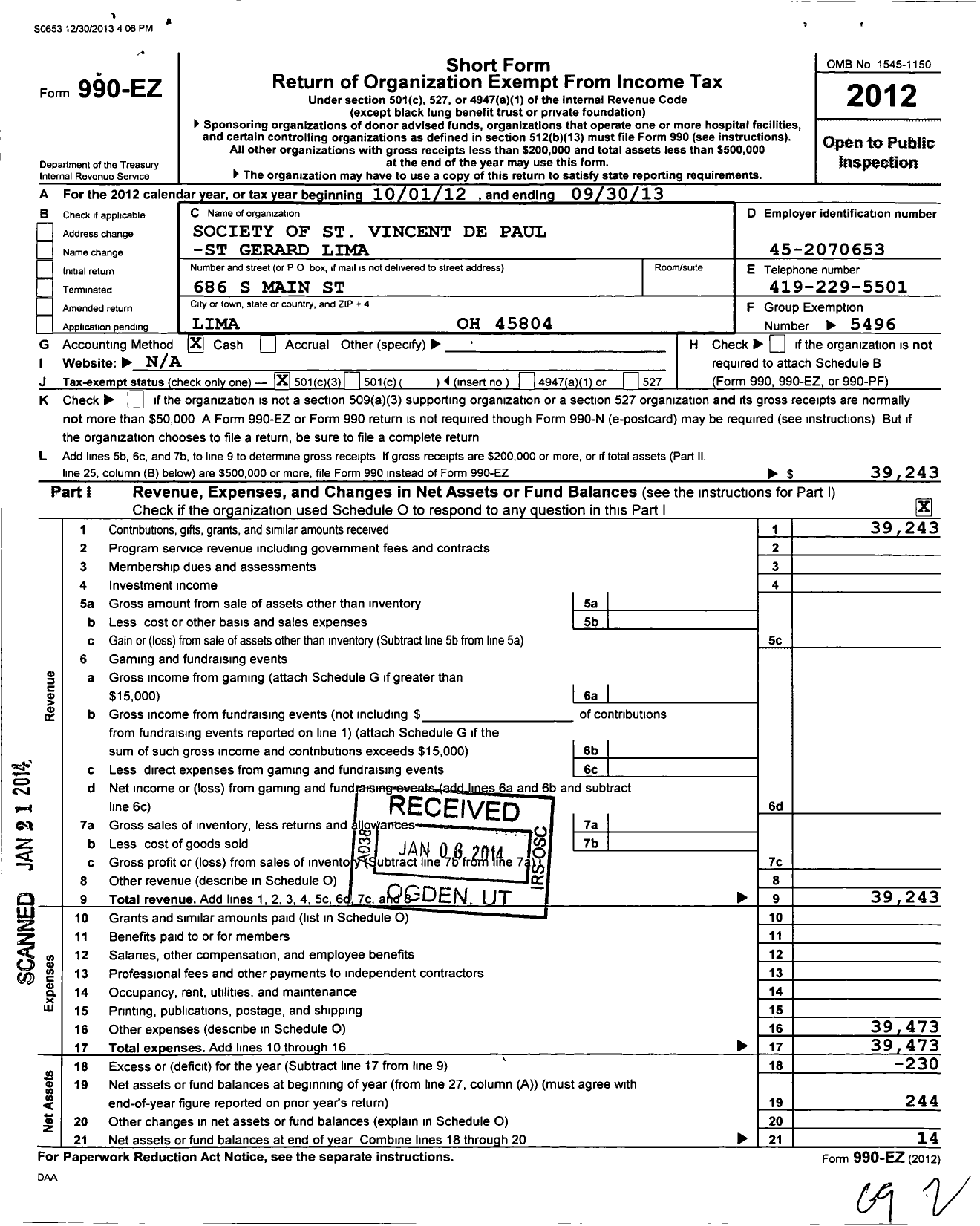 Image of first page of 2012 Form 990EZ for St Gerard Lima