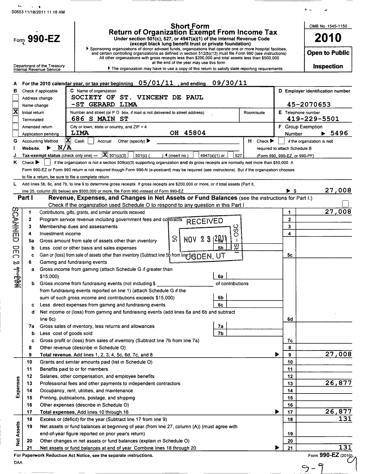 Image of first page of 2010 Form 990EZ for St Gerard Lima