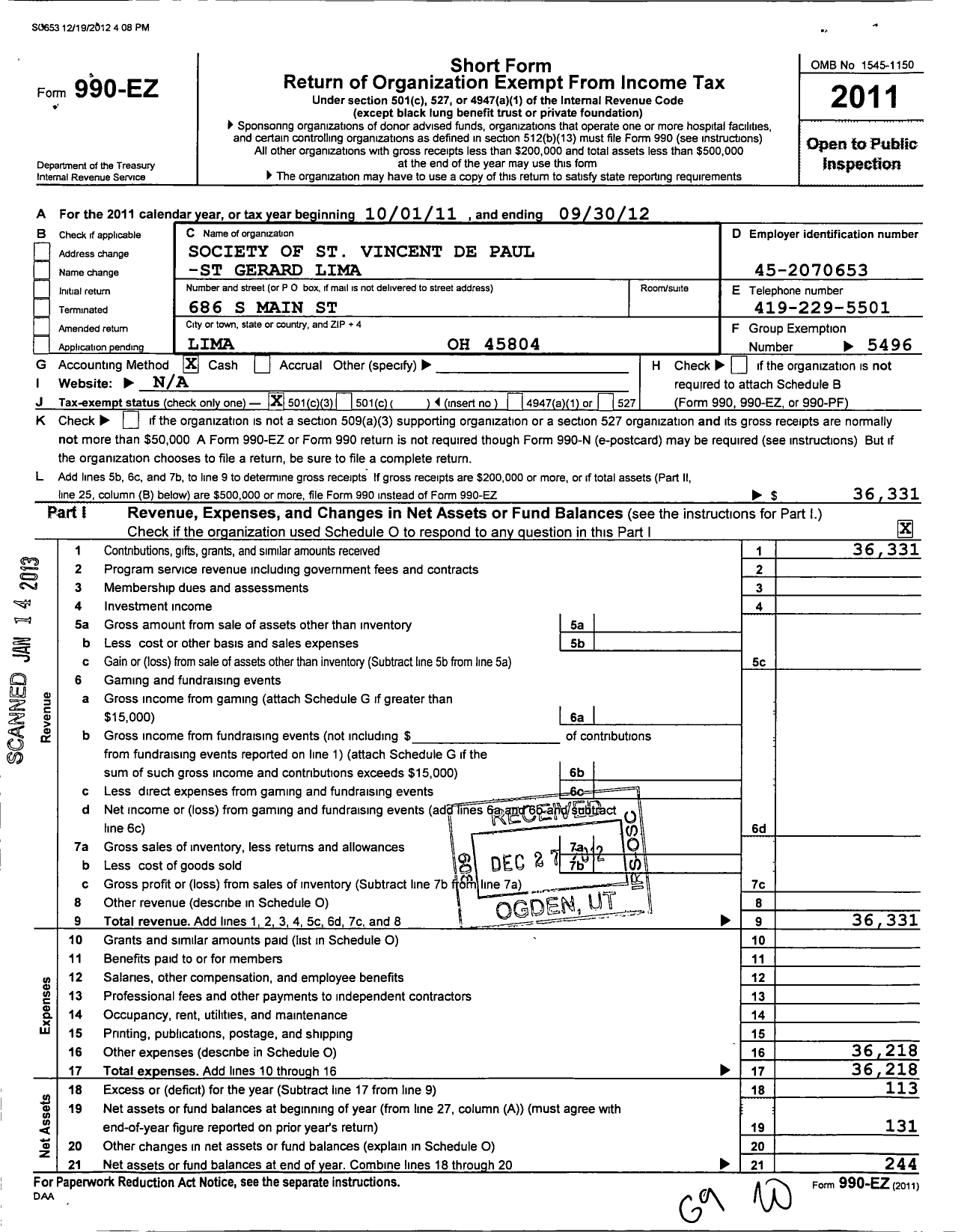 Image of first page of 2011 Form 990EZ for St Gerard Lima