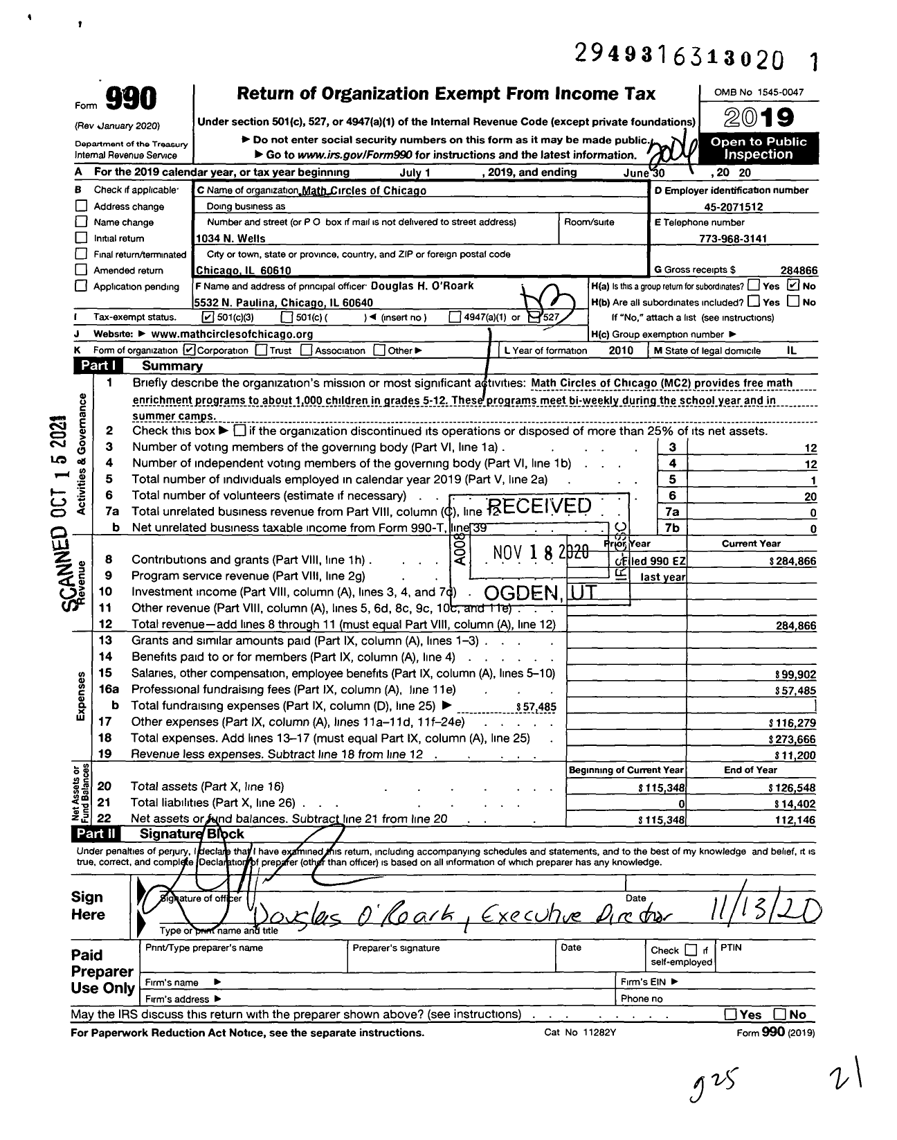 Image of first page of 2019 Form 990 for Math Circles of Chicago