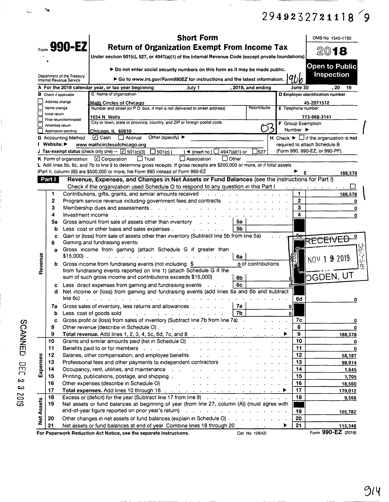 Image of first page of 2018 Form 990EZ for Math Circles of Chicago