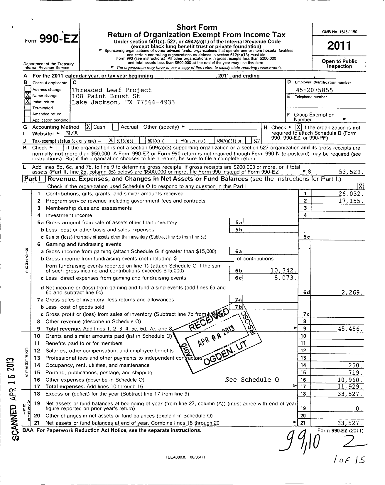 Image of first page of 2011 Form 990EZ for Threaded Leaf Project