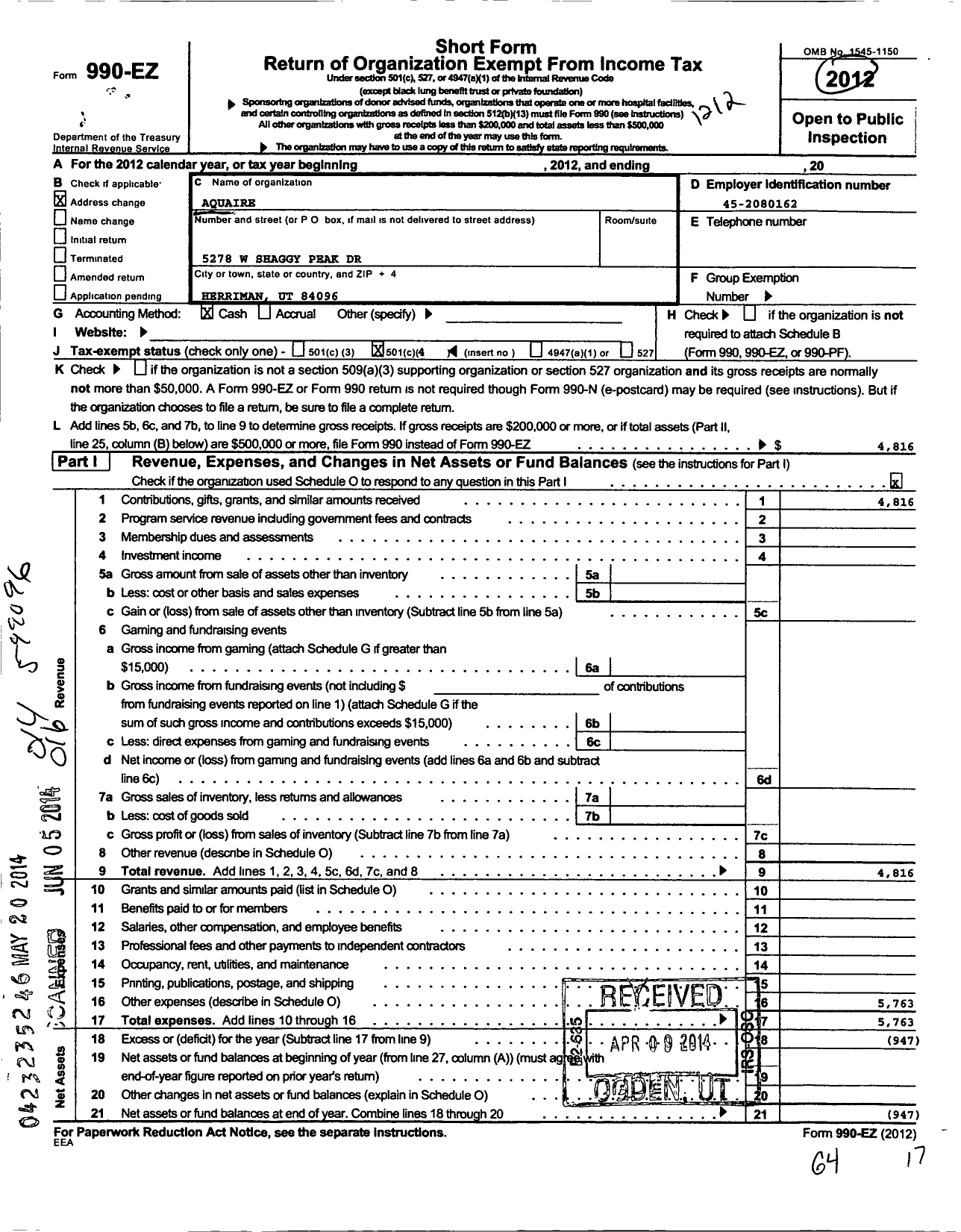 Image of first page of 2012 Form 990EO for Aquaire