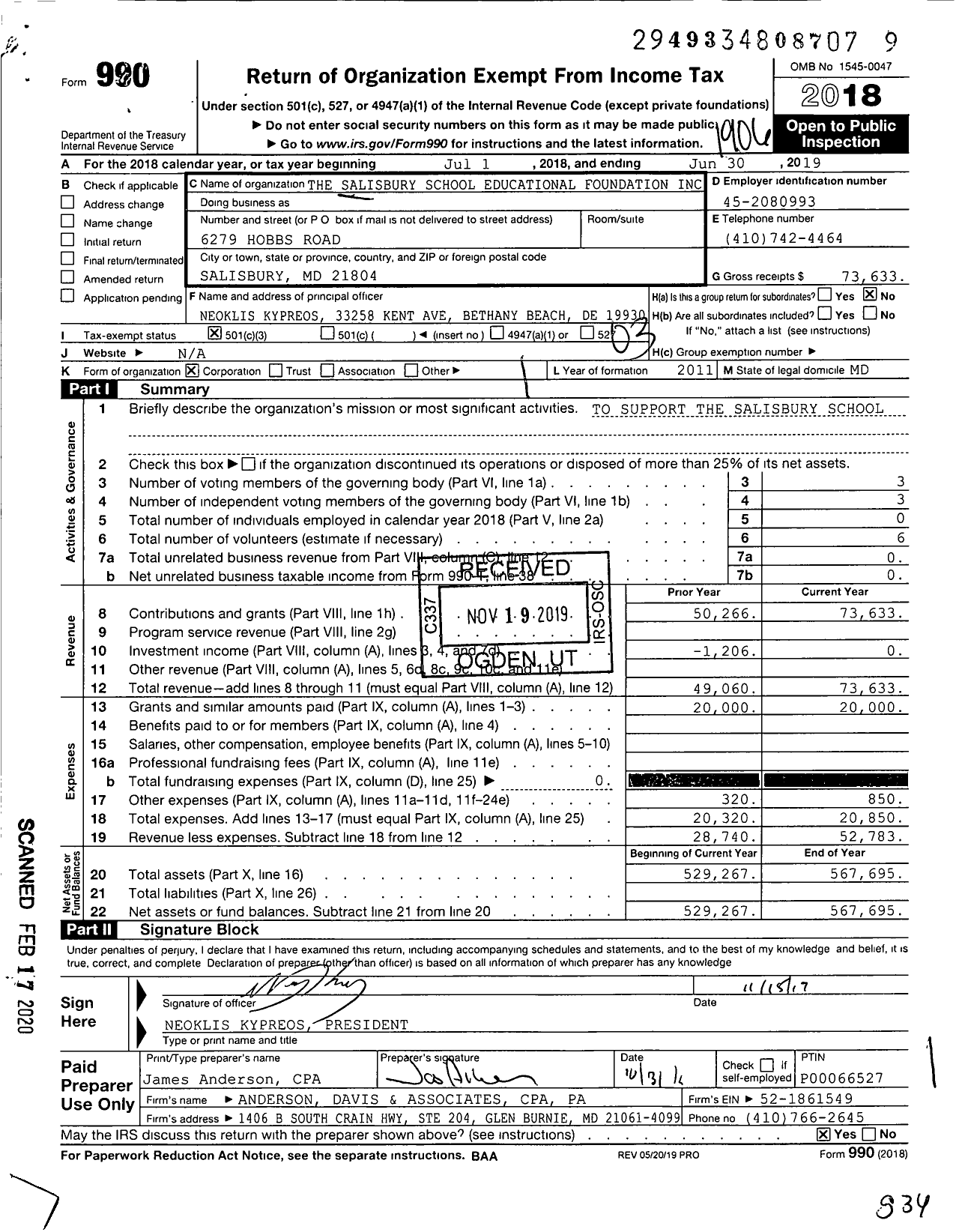 Image of first page of 2018 Form 990 for The Salisbury School Educational Foundation