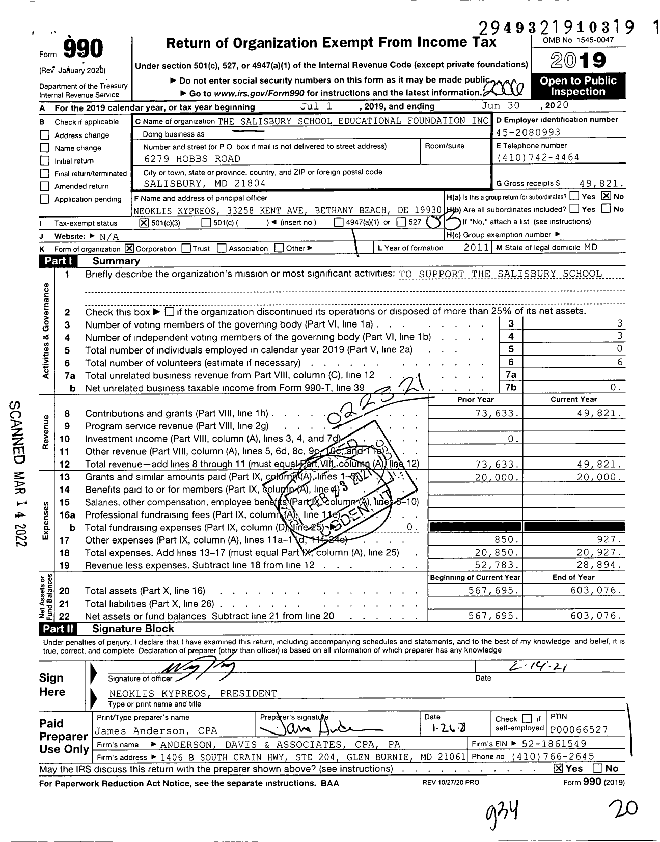 Image of first page of 2019 Form 990 for The Salisbury School Educational Foundation