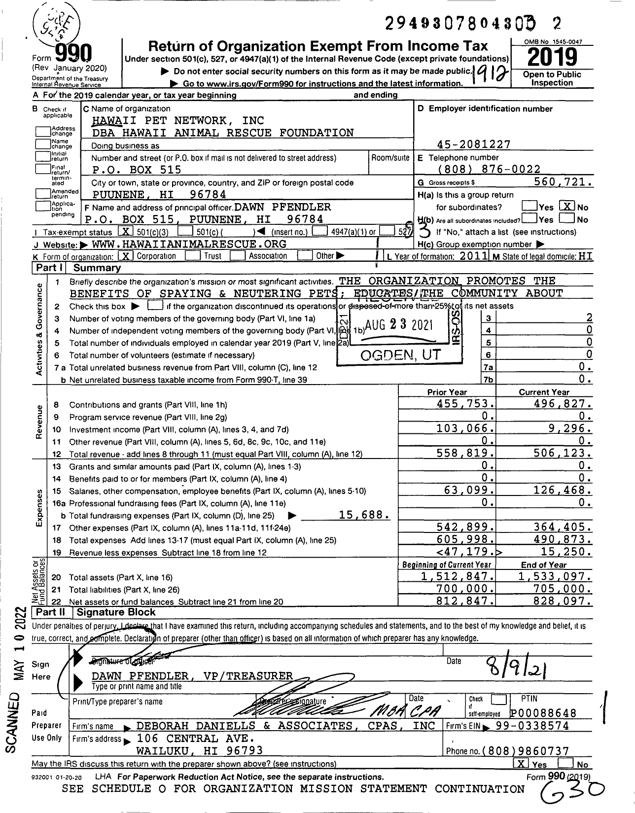 Image of first page of 2019 Form 990 for Hawaii Animal Rescue Foundation