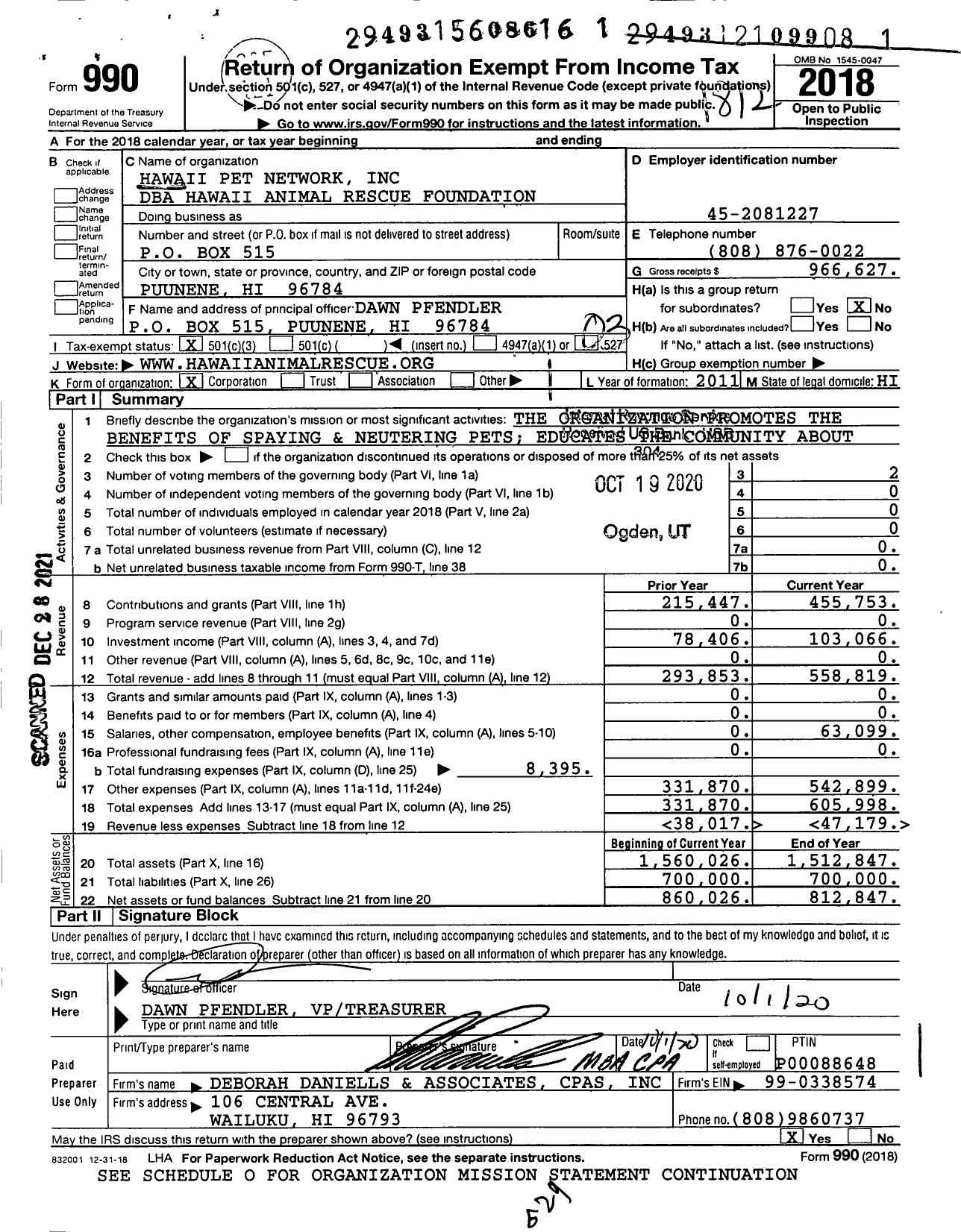 Image of first page of 2018 Form 990 for Hawaii Animal Rescue Foundation