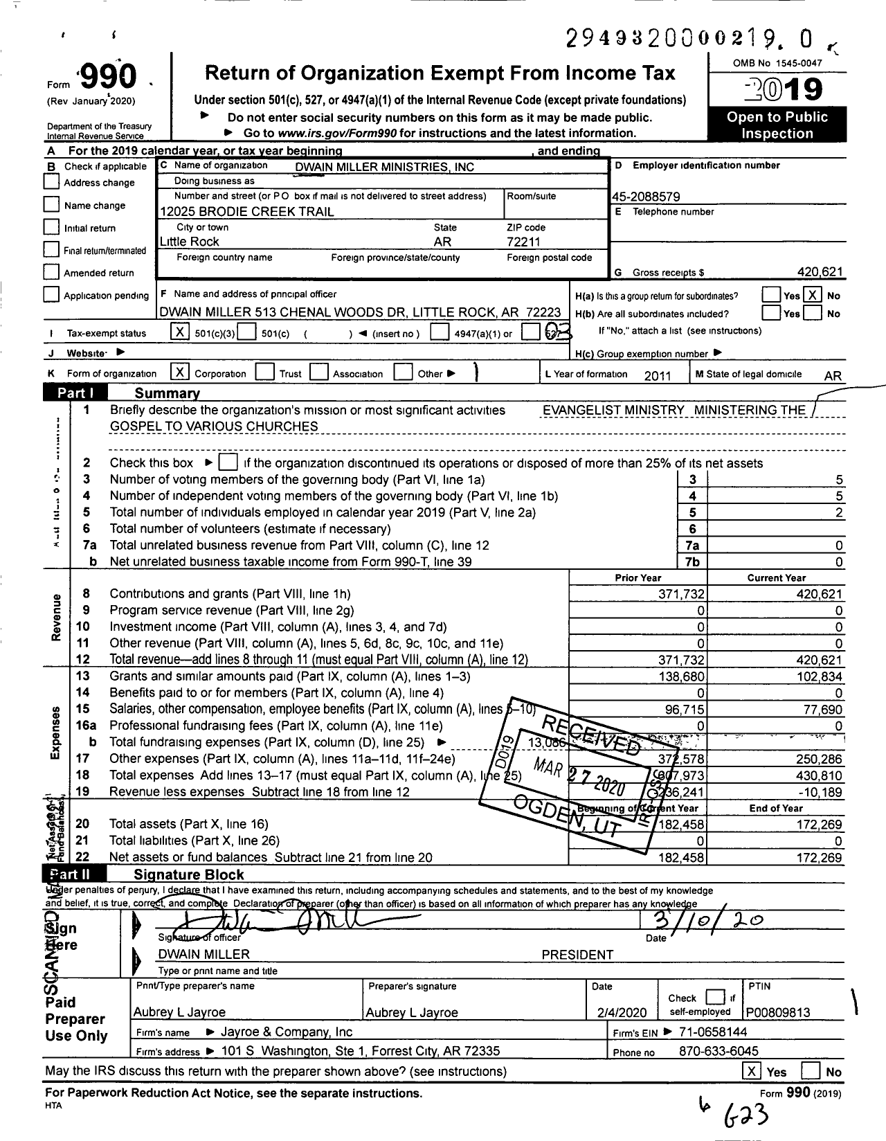 Image of first page of 2019 Form 990 for Dwain Miller Ministries