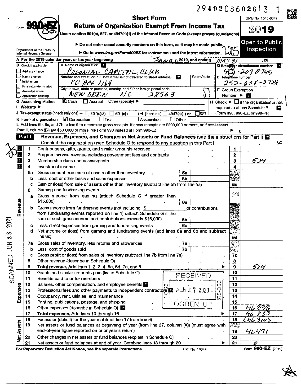 Image of first page of 2019 Form 990EO for Colonial Capital Club