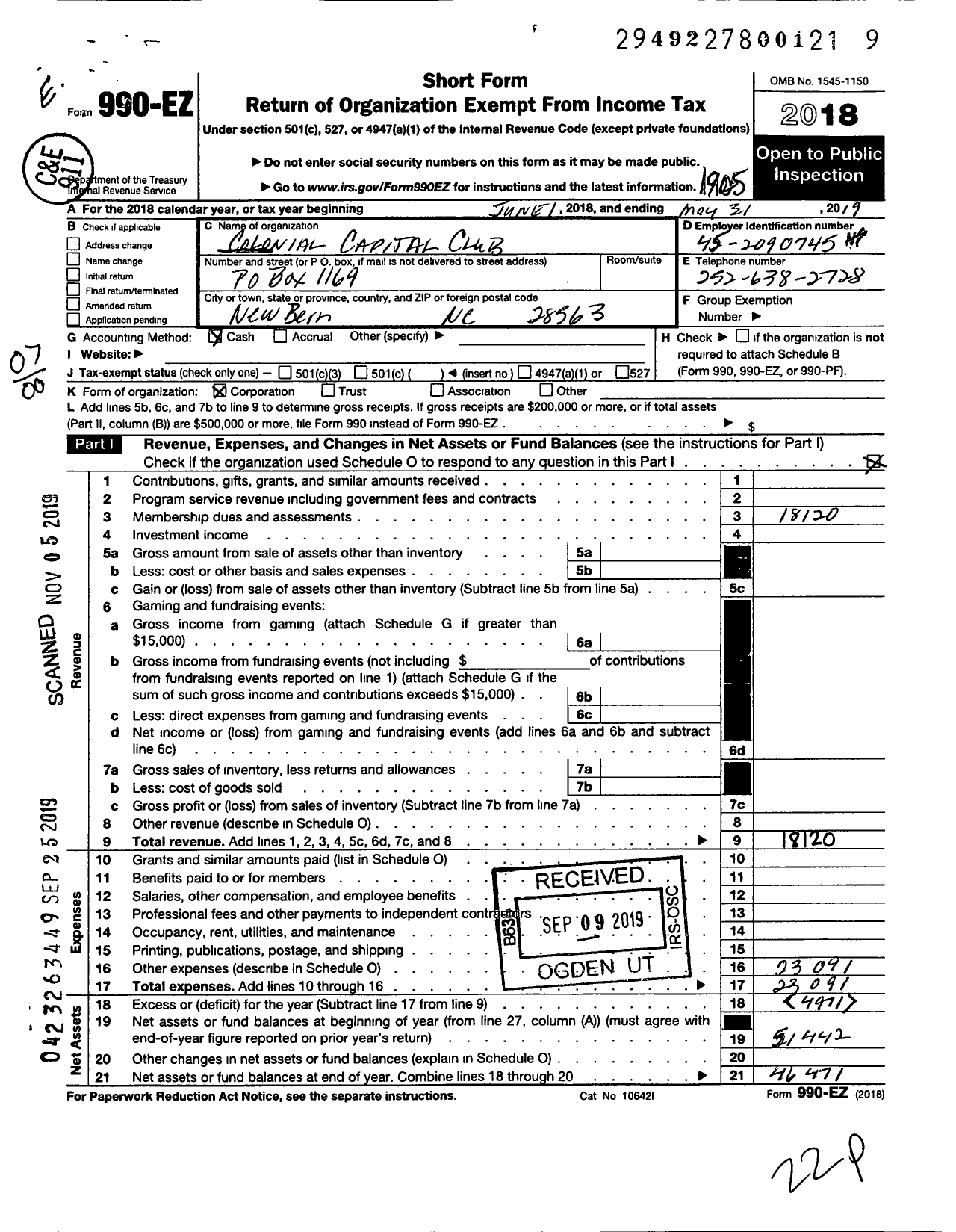 Image of first page of 2018 Form 990EO for Colonial Capital Club