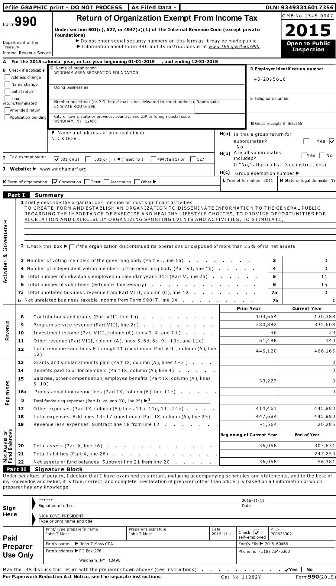 Image of first page of 2015 Form 990 for Windham Area Recreation Foundation