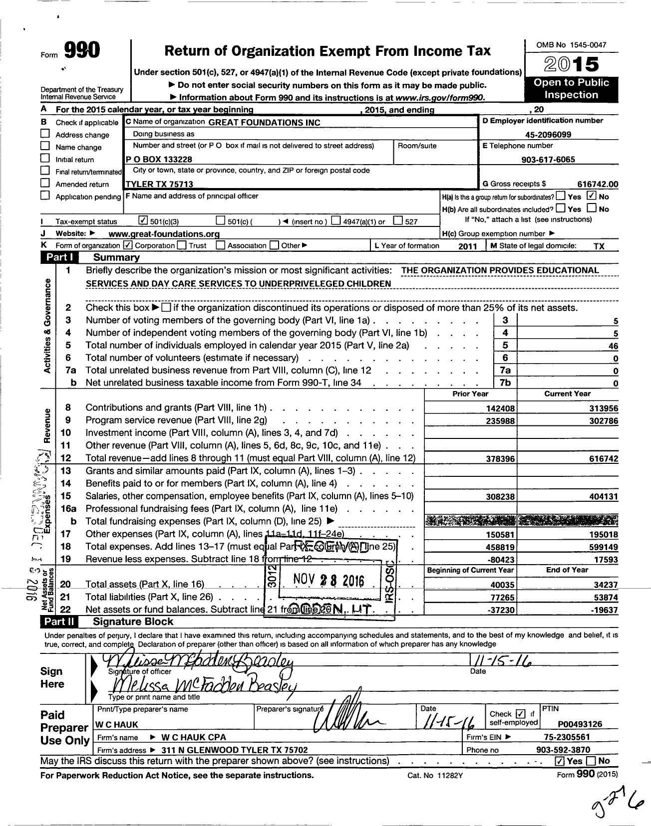 Image of first page of 2015 Form 990 for Great Foundations