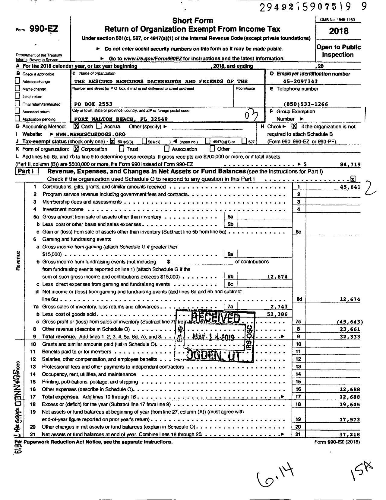 Image of first page of 2018 Form 990EZ for The Rescued Rescuers