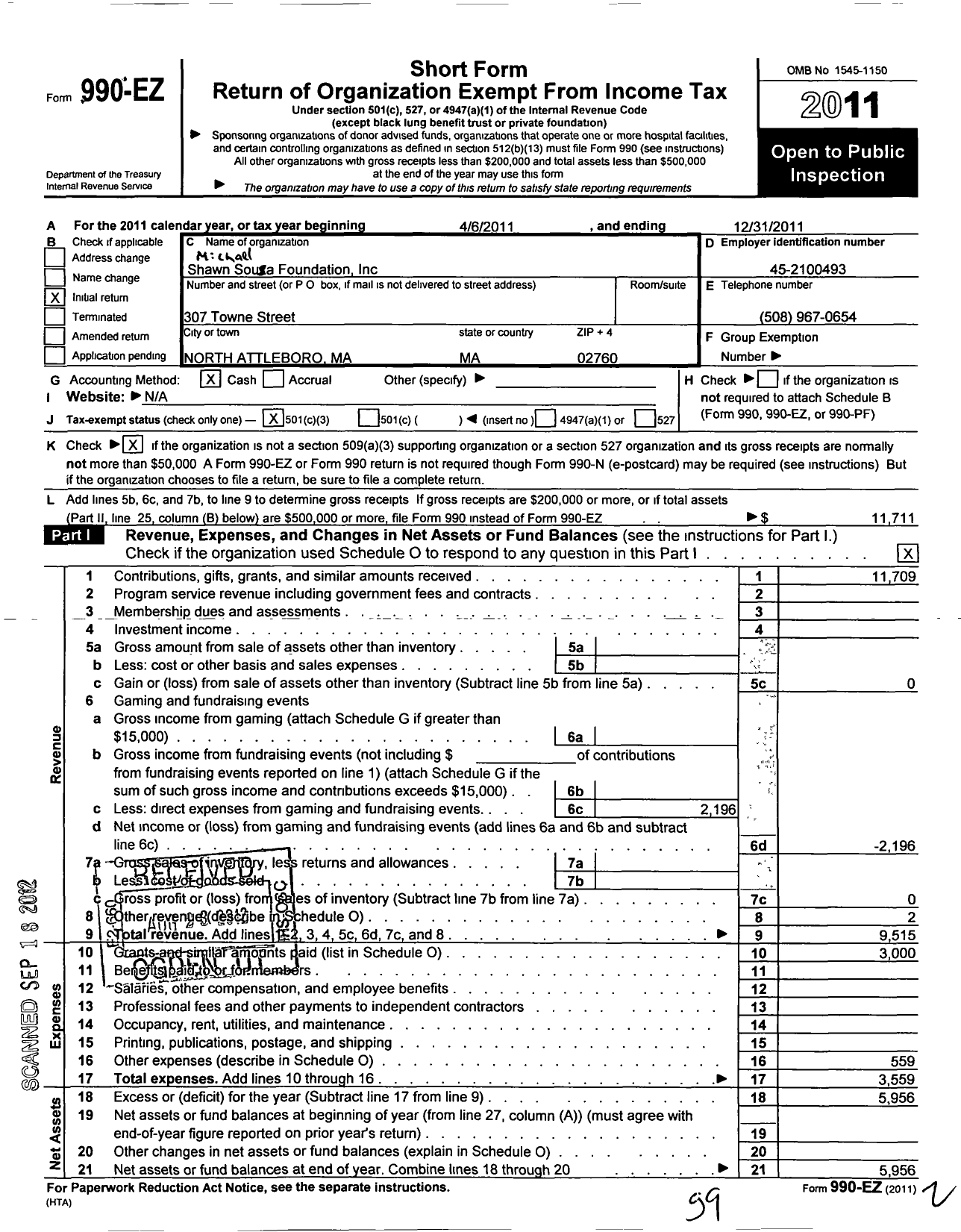 Image of first page of 2011 Form 990EZ for Michael Shawn Sousa Foundation