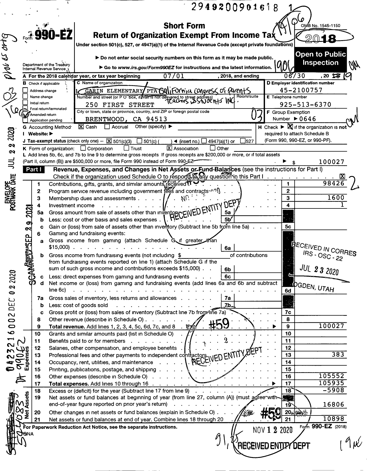 Image of first page of 2018 Form 990EZ for California State PTA - Garin PTA