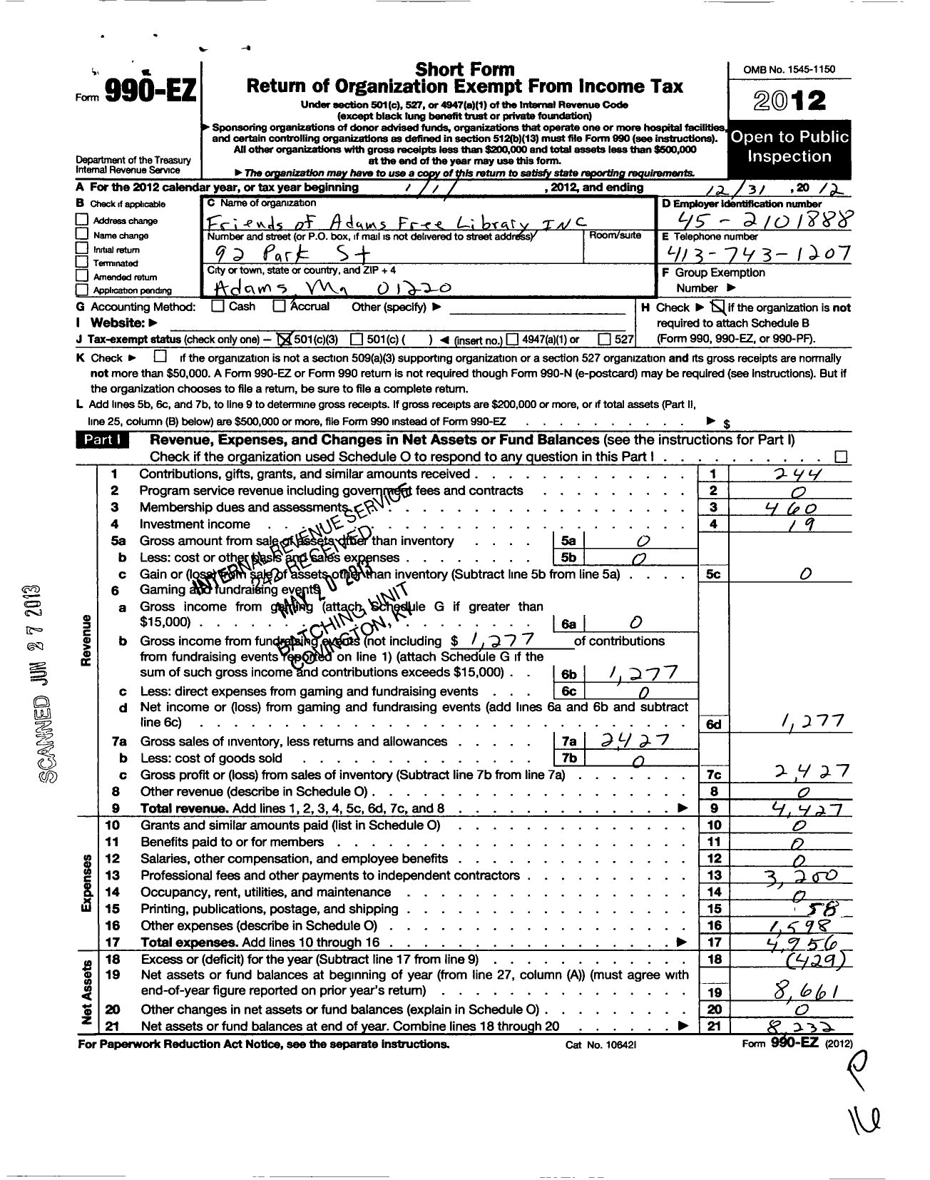 Image of first page of 2012 Form 990EZ for Friends of the Adams Free Library