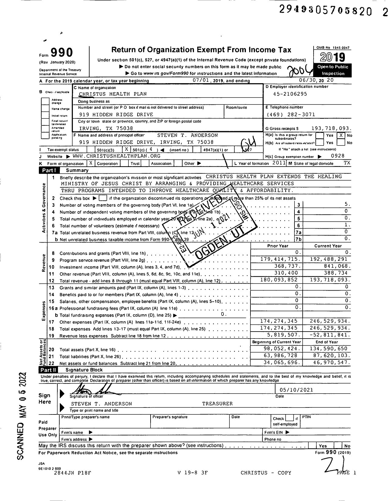 Image of first page of 2019 Form 990O for CHRISTUS Health Plan (CHP)