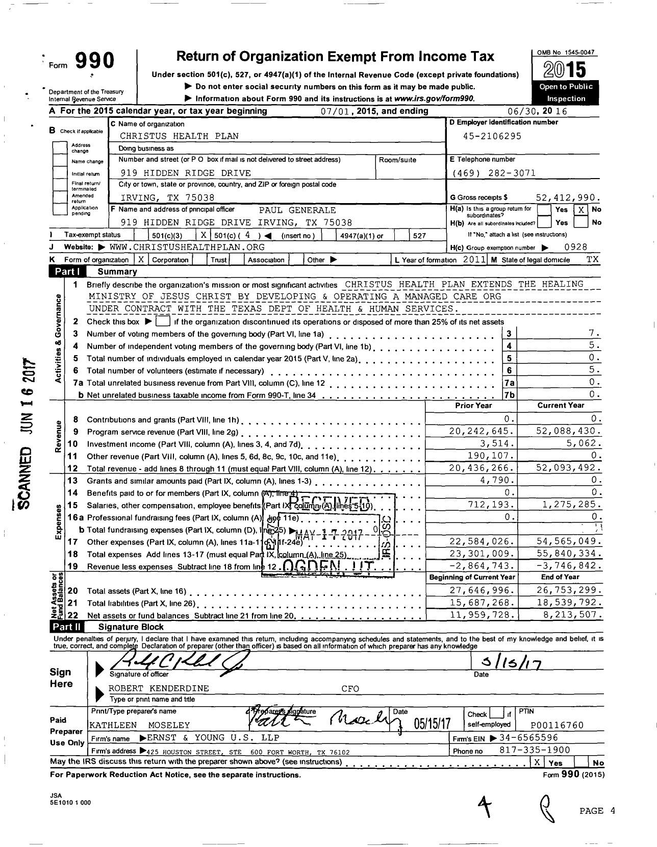 Image of first page of 2015 Form 990O for CHRISTUS Health Plan (CHP)